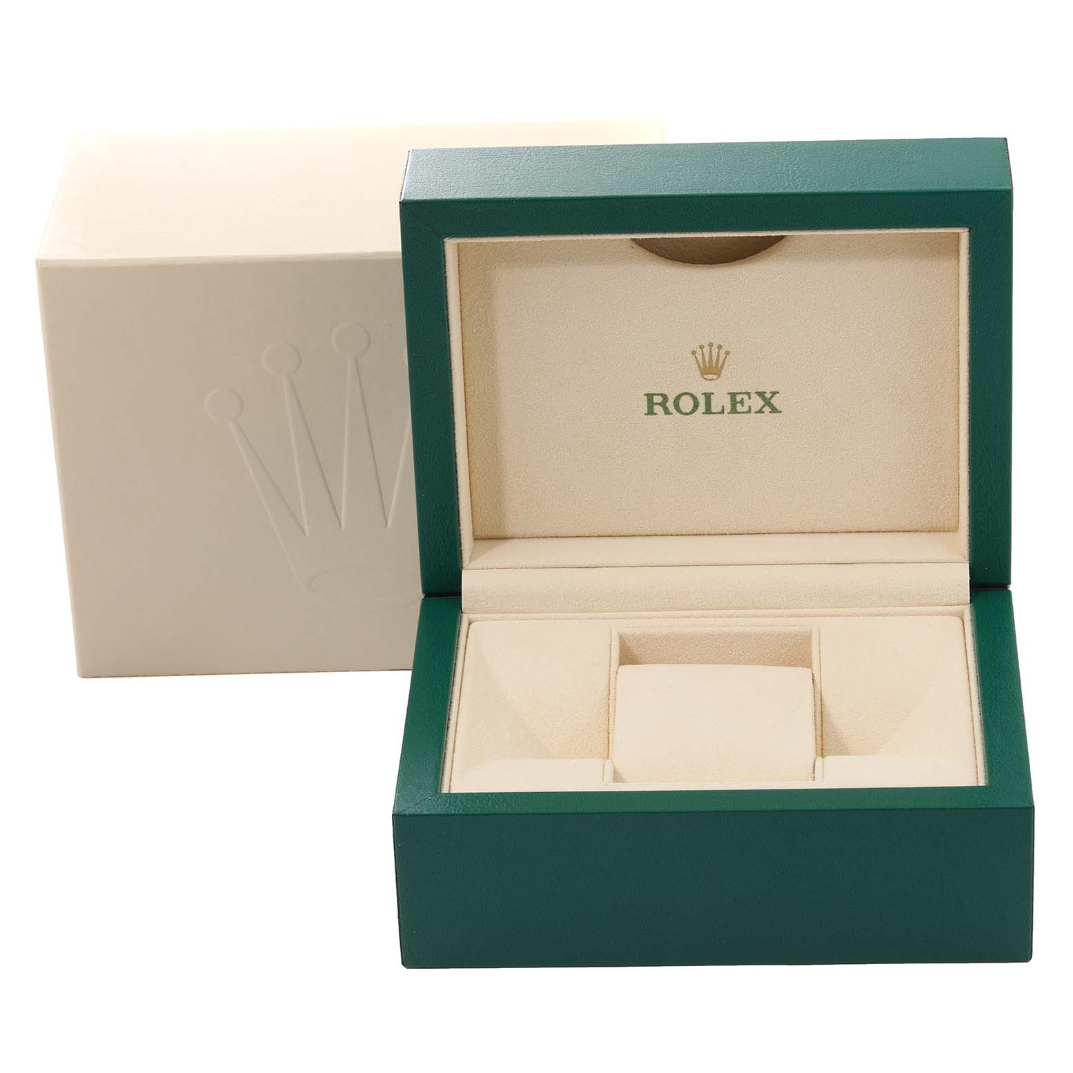 The image shows an open green and beige Rolex Datejust 126201 Men's Steel and Gold (two tone) Grey Dial 126201 Men's Steel and Gold (two tone) Grey Dial watch box and its cream-colored outer box.
