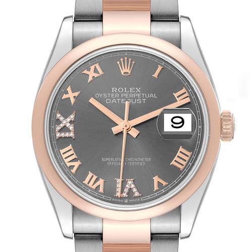 This is a frontal view of the Rolex Datejust watch, showcasing the dial, bracelet, bezel, and the date window.