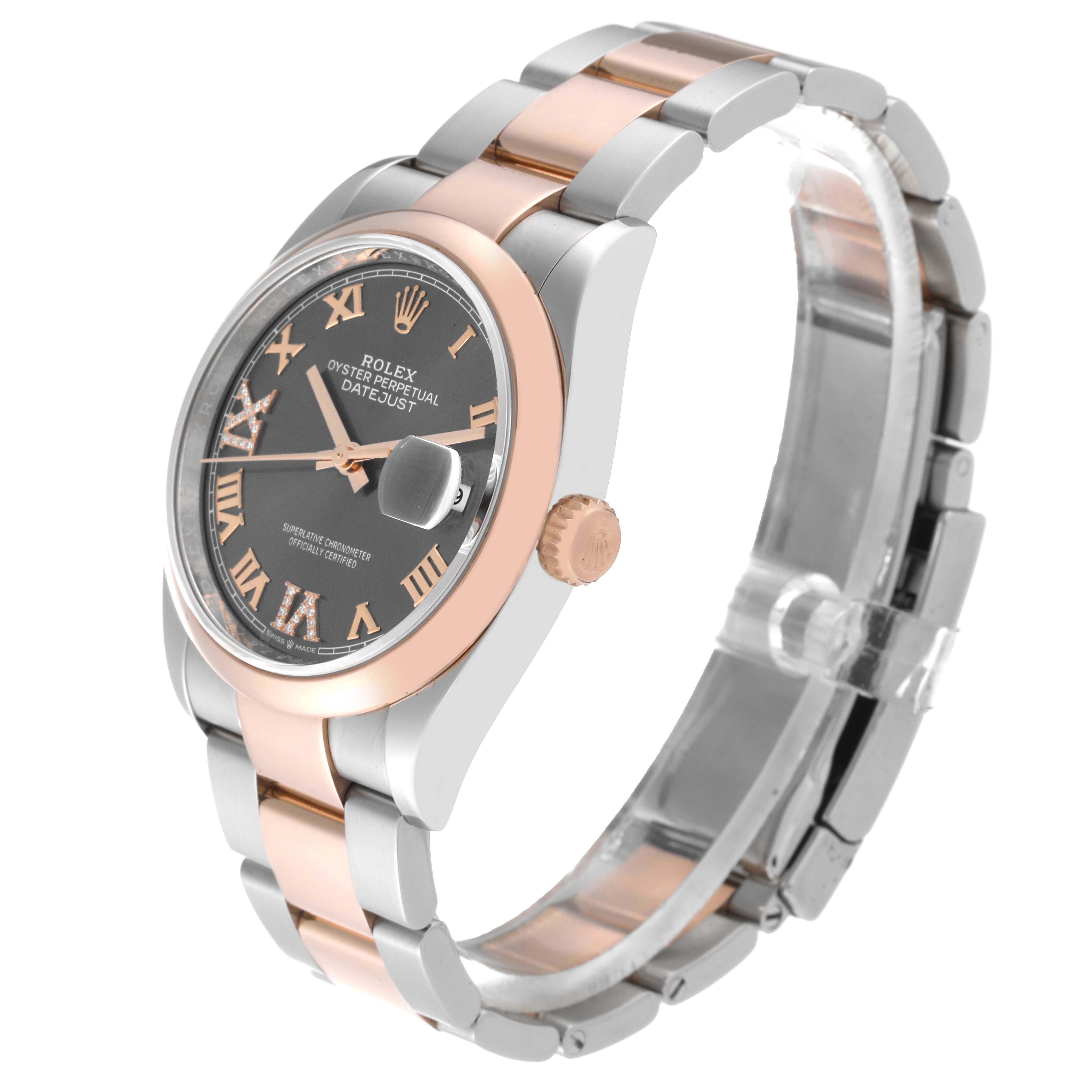 The Rolex Datejust 126201 Men's Steel and Gold (two tone) Grey Dial 126201 Men's Steel and Gold (two tone) Grey Dial model is shown at an angle displaying the watch face, bezel, crown, and bracelet.