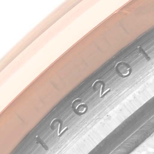 This image shows a close-up of the model number "126201" on the side of a Rolex Datejust 126201 Men's Steel and Gold (two tone) Grey Dial 126201 Men's Steel and Gold (two tone) Grey Dial watch.