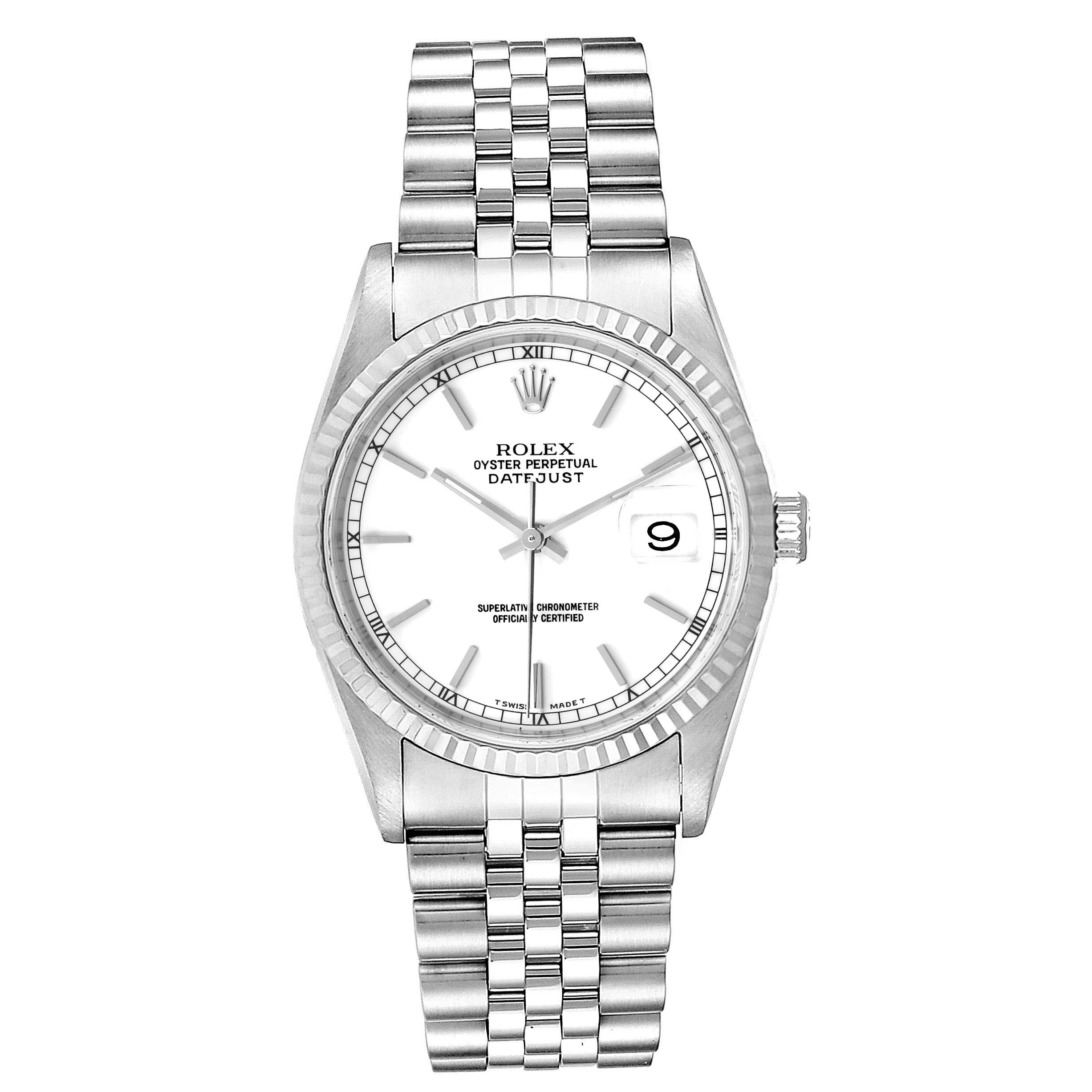 The image shows a front angle of the Rolex Datejust 16234 Men's Stainless Steel White Dial 16234 Men's Stainless Steel White Dial watch, highlighting its face, bezel, and bracelet.