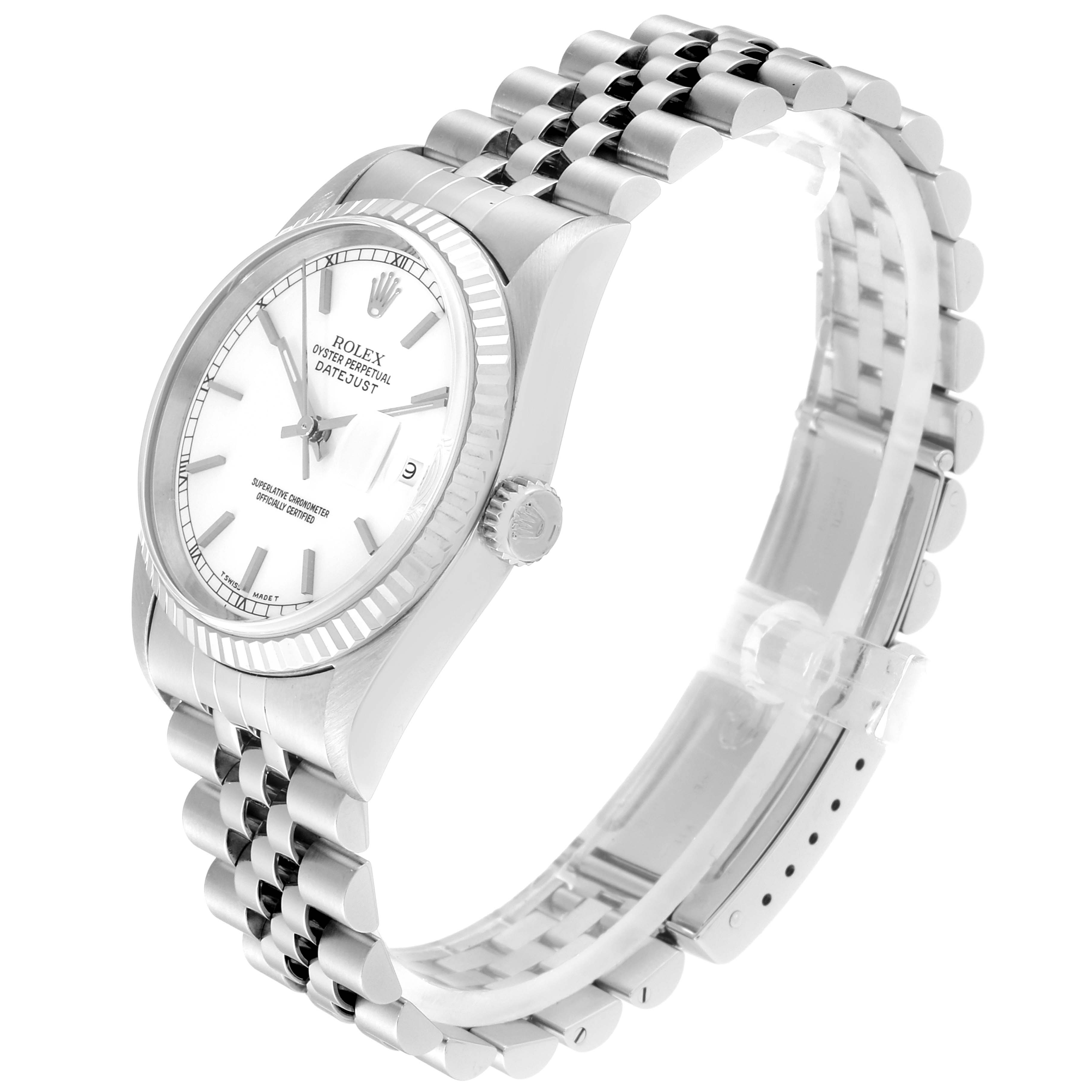 This image shows a side and front angle of the Rolex Datejust 16234 Men's Stainless Steel White Dial 16234 Men's Stainless Steel White Dial watch, highlighting the dial, bezel, crown, and part of the bracelet.
