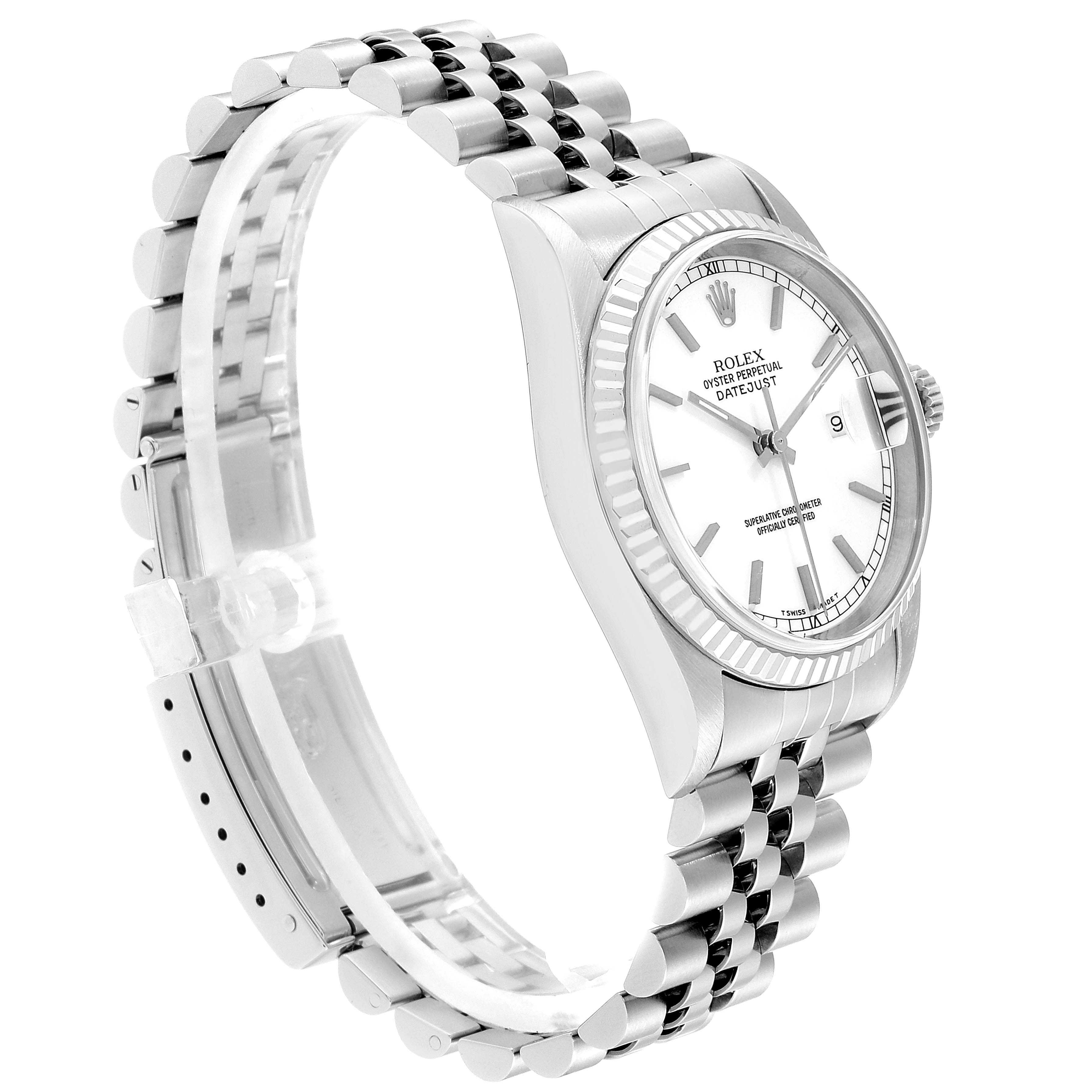 The image shows a side and partial front view of a Rolex Datejust 16234 Men's Stainless Steel White Dial 16234 Men's Stainless Steel White Dial watch, highlighting its bracelet, case, and dial.