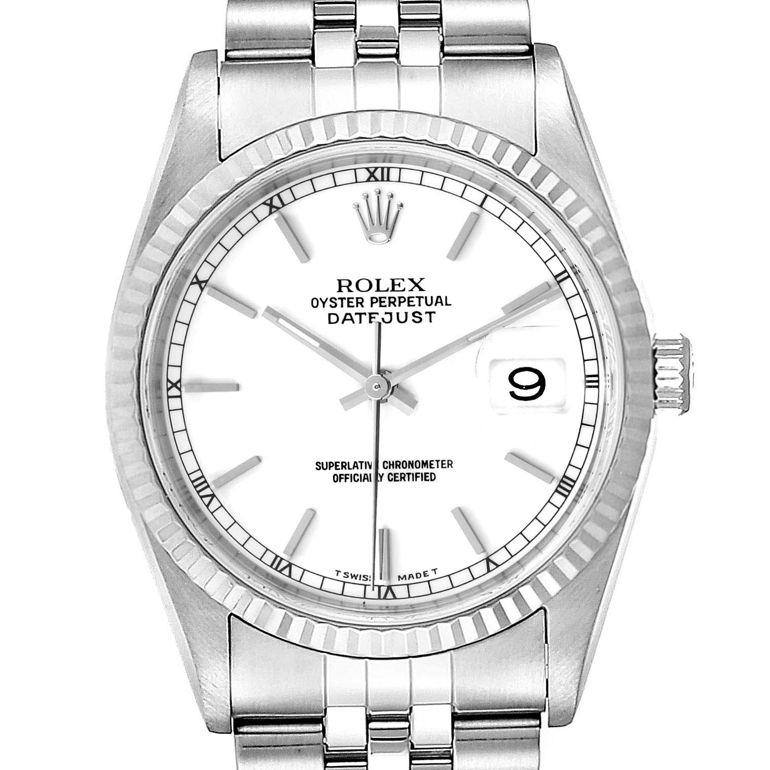 The Rolex Datejust 16234 Men's Stainless Steel White Dial 16234 Men's Stainless Steel White Dial watch is shown from a frontal angle, displaying the dial, fluted bezel, crown, and part of the bracelet.
