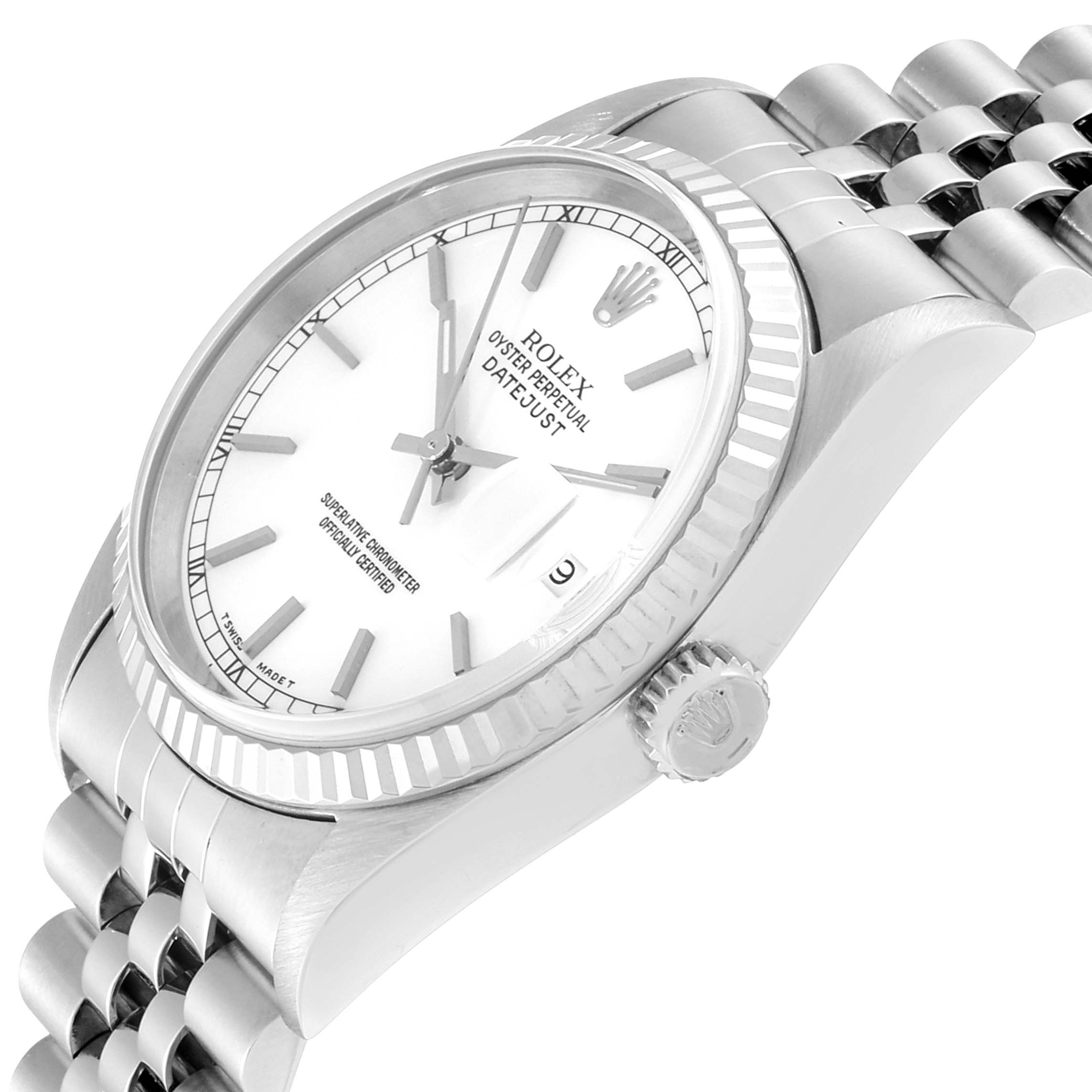 This image shows the side angle of a Rolex Datejust 16234 Men's Stainless Steel White Dial 16234 Men's Stainless Steel White Dial watch, revealing the crown, bezel, face, and part of the bracelet.