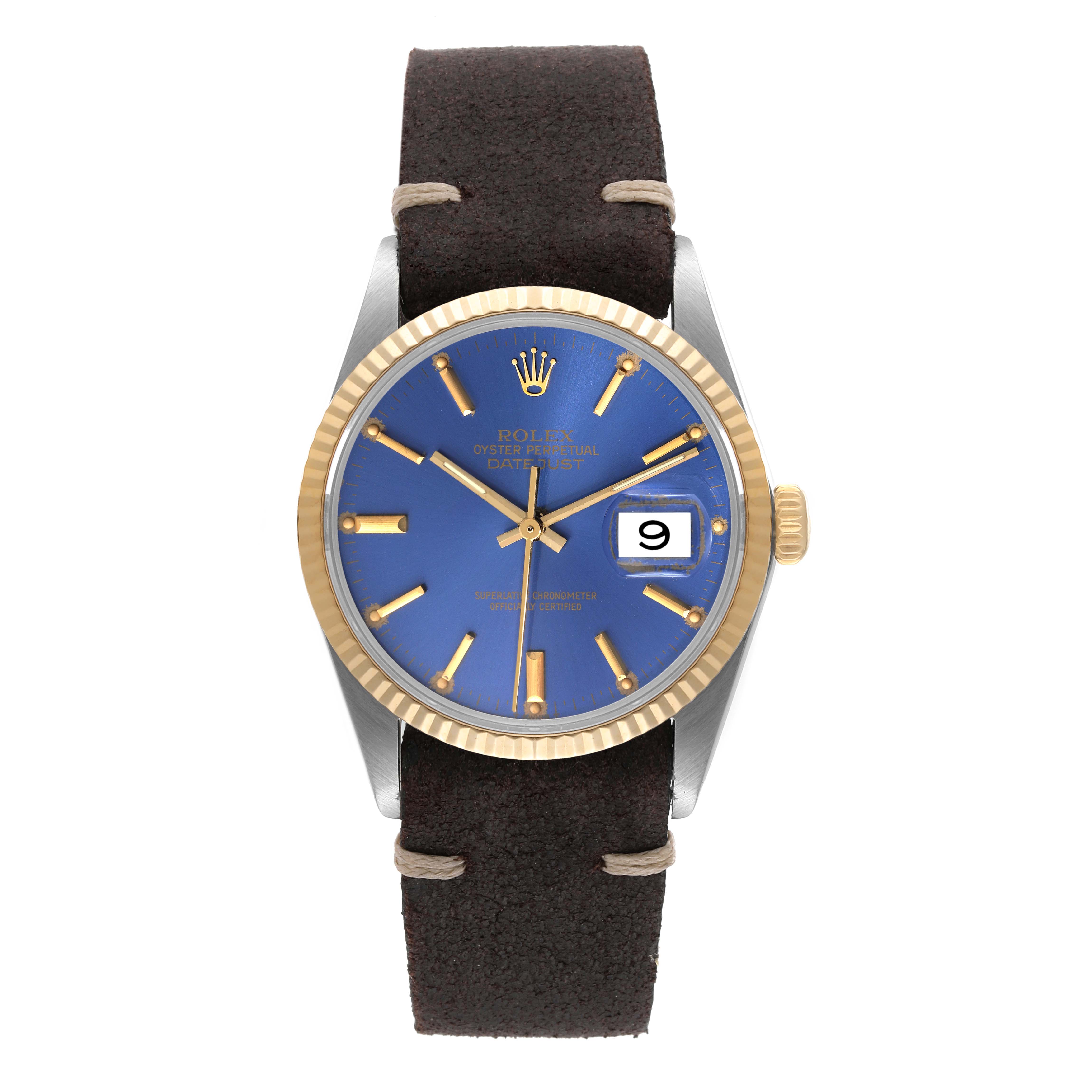 The image shows a front view of the Rolex Vintage Collection 16013 Men's Steel and Gold (two tone) Blue Dial 16013 Men's Steel and Gold (two tone) Blue Dial model watch, featuring a blue dial and a leather strap.