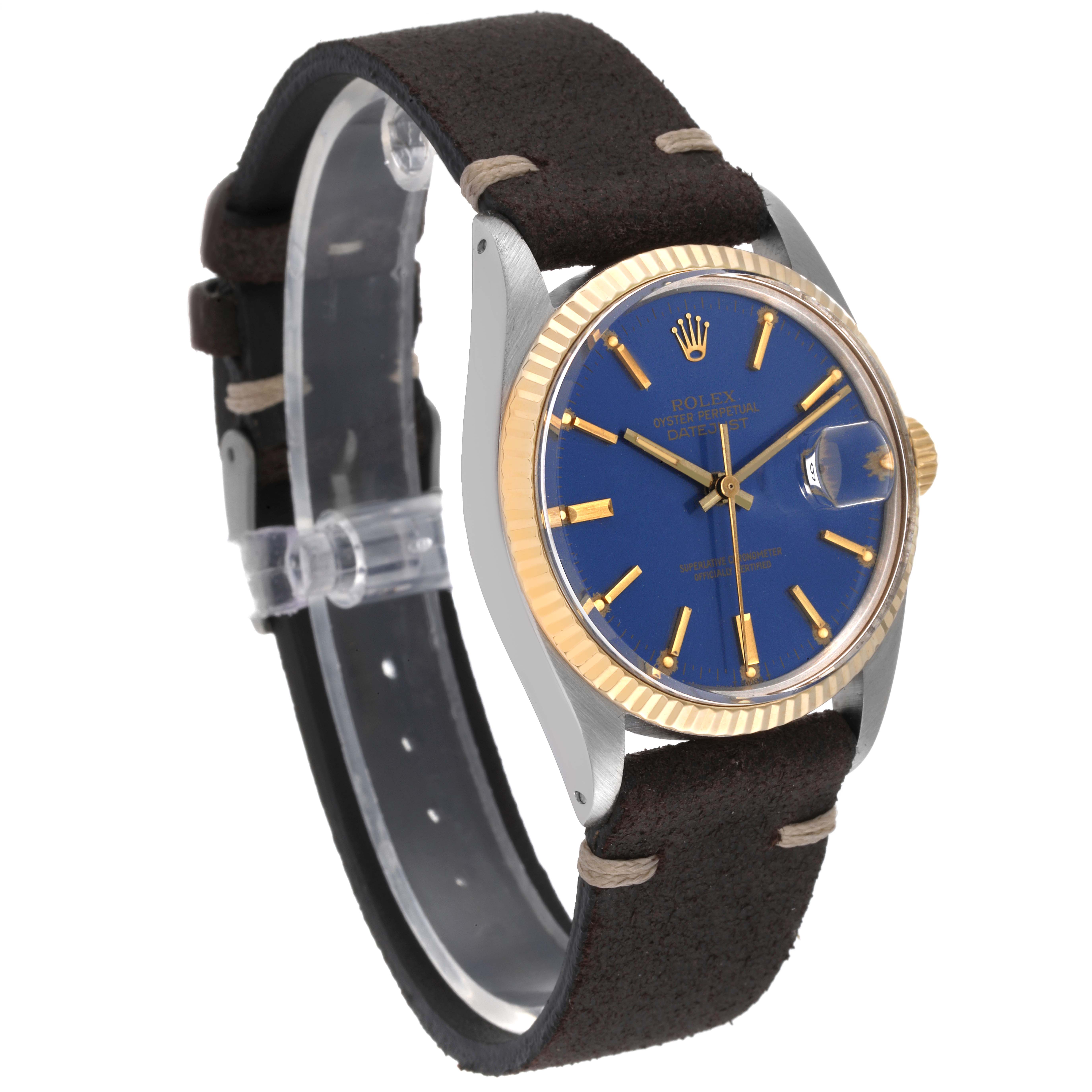 The Rolex Vintage Collection 16013 Men's Steel and Gold (two tone) Blue Dial 16013 Men's Steel and Gold (two tone) Blue Dial watch is shown at a slight angle, highlighting the blue dial, gold bezel, and brown leather strap.