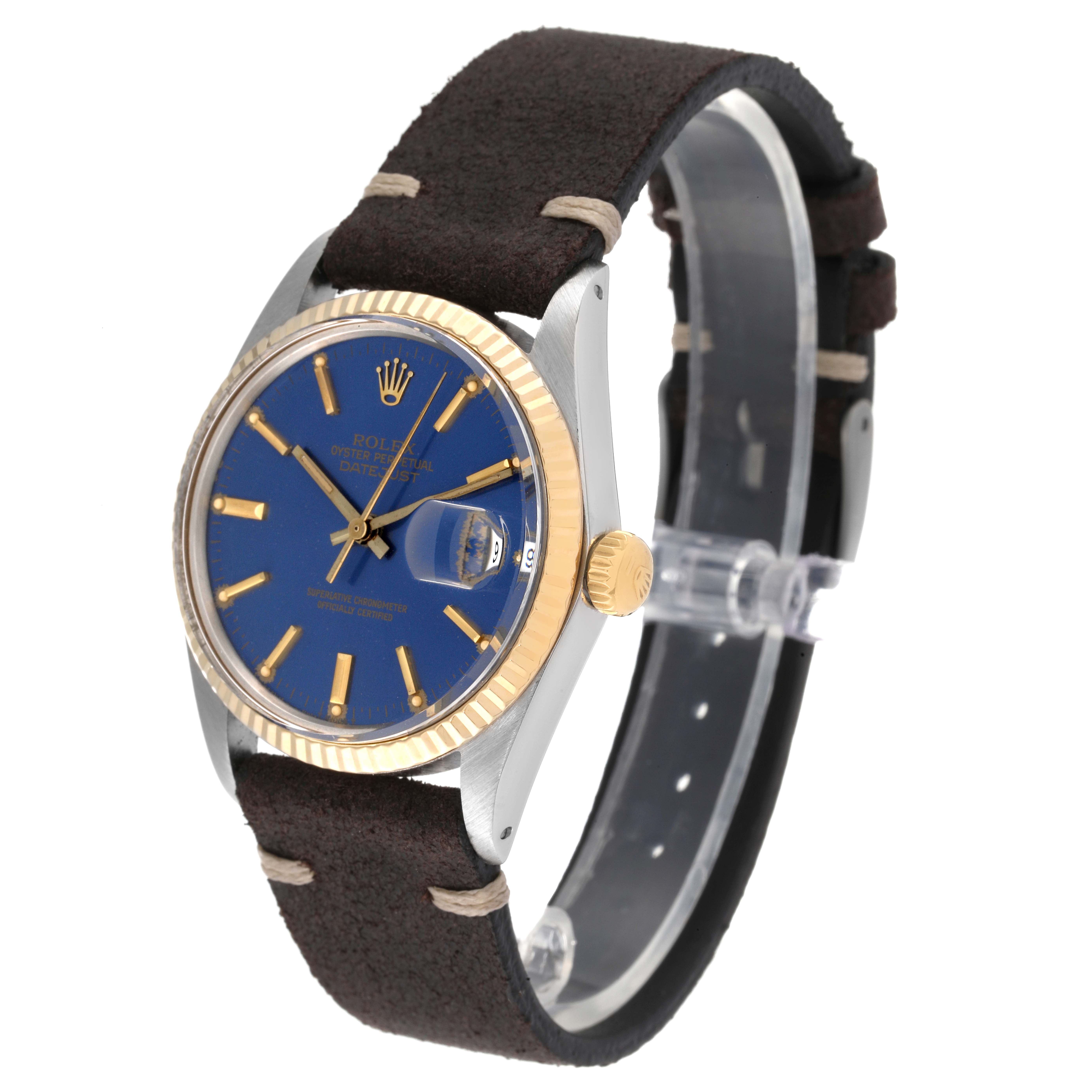 The Rolex Vintage Collection 16013 Men's Steel and Gold (two tone) Blue Dial 16013 Men's Steel and Gold (two tone) Blue Dial watch is shown at an angled side view, displaying the face, bezel, crown, and leather strap.