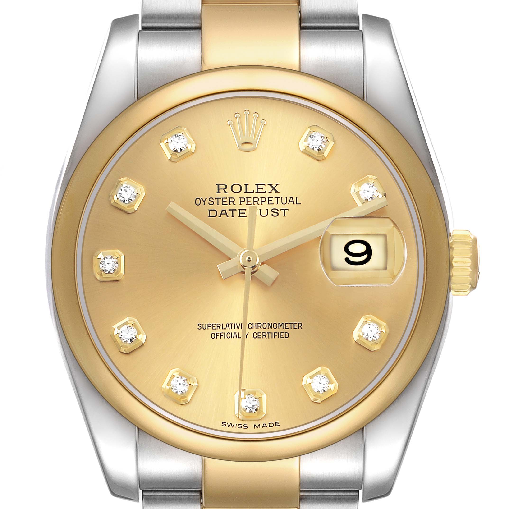 The image shows a close-up of the Rolex Datejust 116203 Men's Steel and Gold (two tone) Champagne Dial, highlighting the dial, bezel, and partial bracelet.