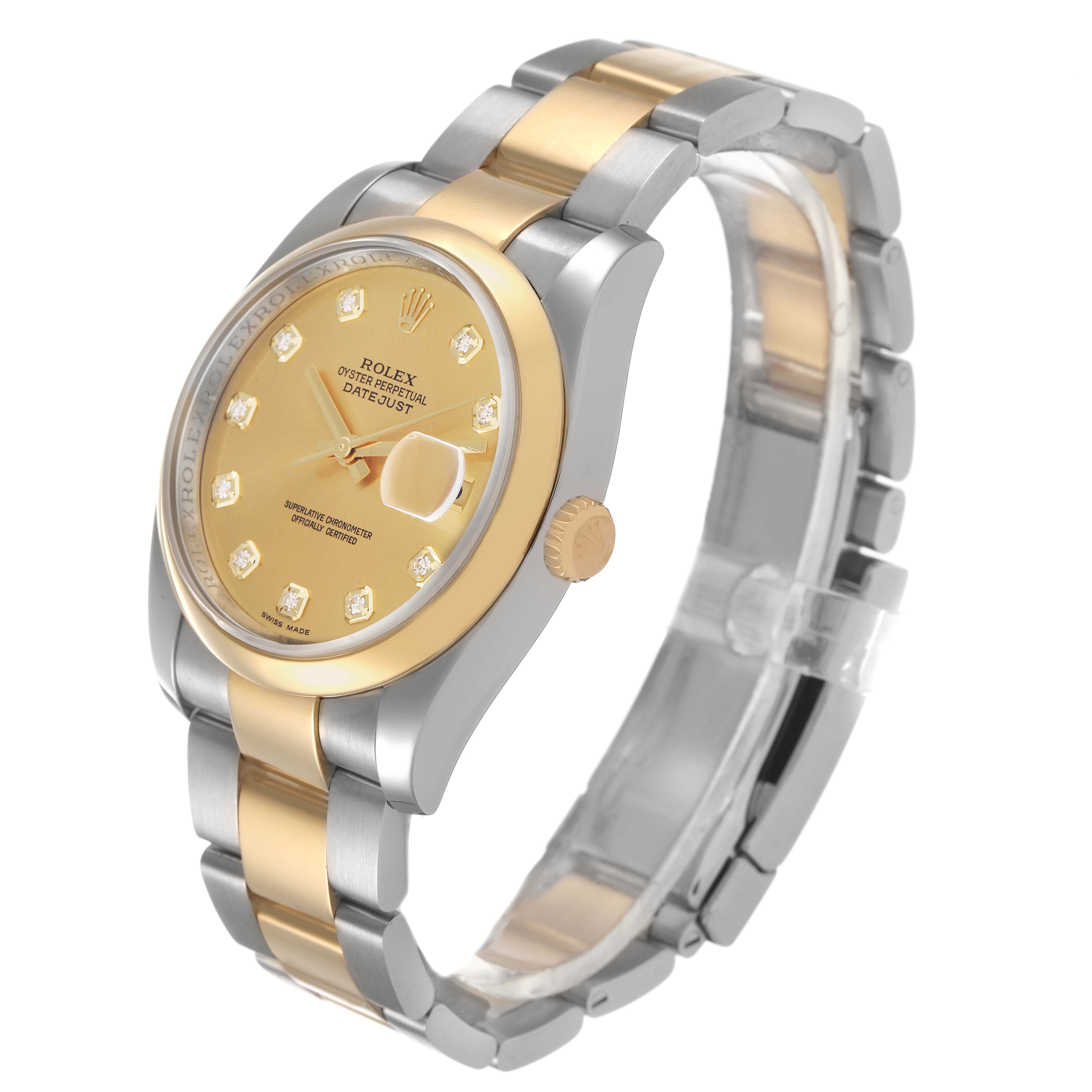 The Rolex Datejust 116203 Men's Steel and Gold (two tone) Champagne Dial watch is shown at an angle highlighting the dial, bezel, crown, and two-tone bracelet.