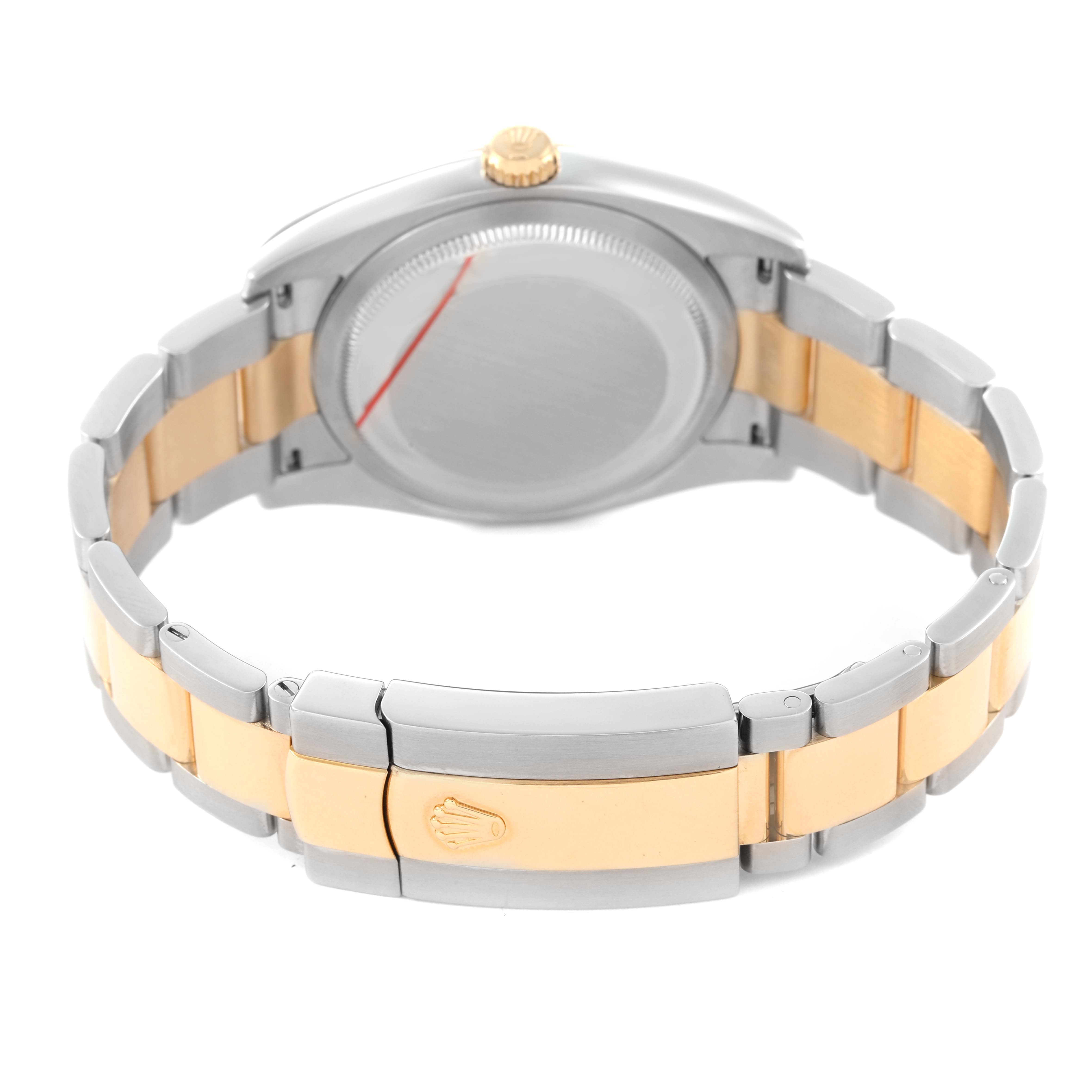 The image shows the back view of a Rolex Datejust 116203 Men's Steel and Gold (two tone) Champagne Dial watch, highlighting the case back and two-tone bracelet with the clasp.