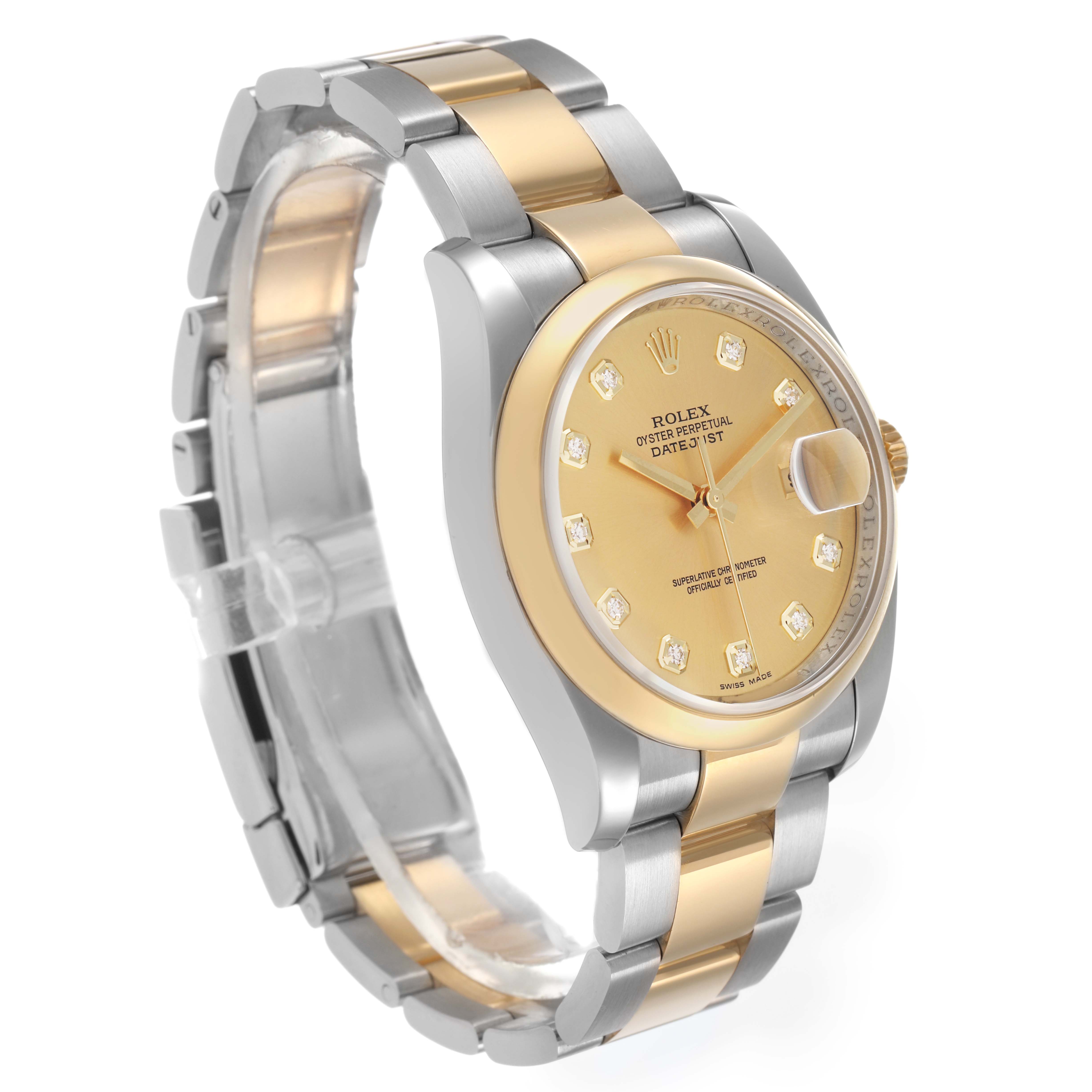 The Rolex Datejust 116203 Men's Steel and Gold (two tone) Champagne Dial watch is shown at a slight angle, featuring the dial, bracelet, and crown.