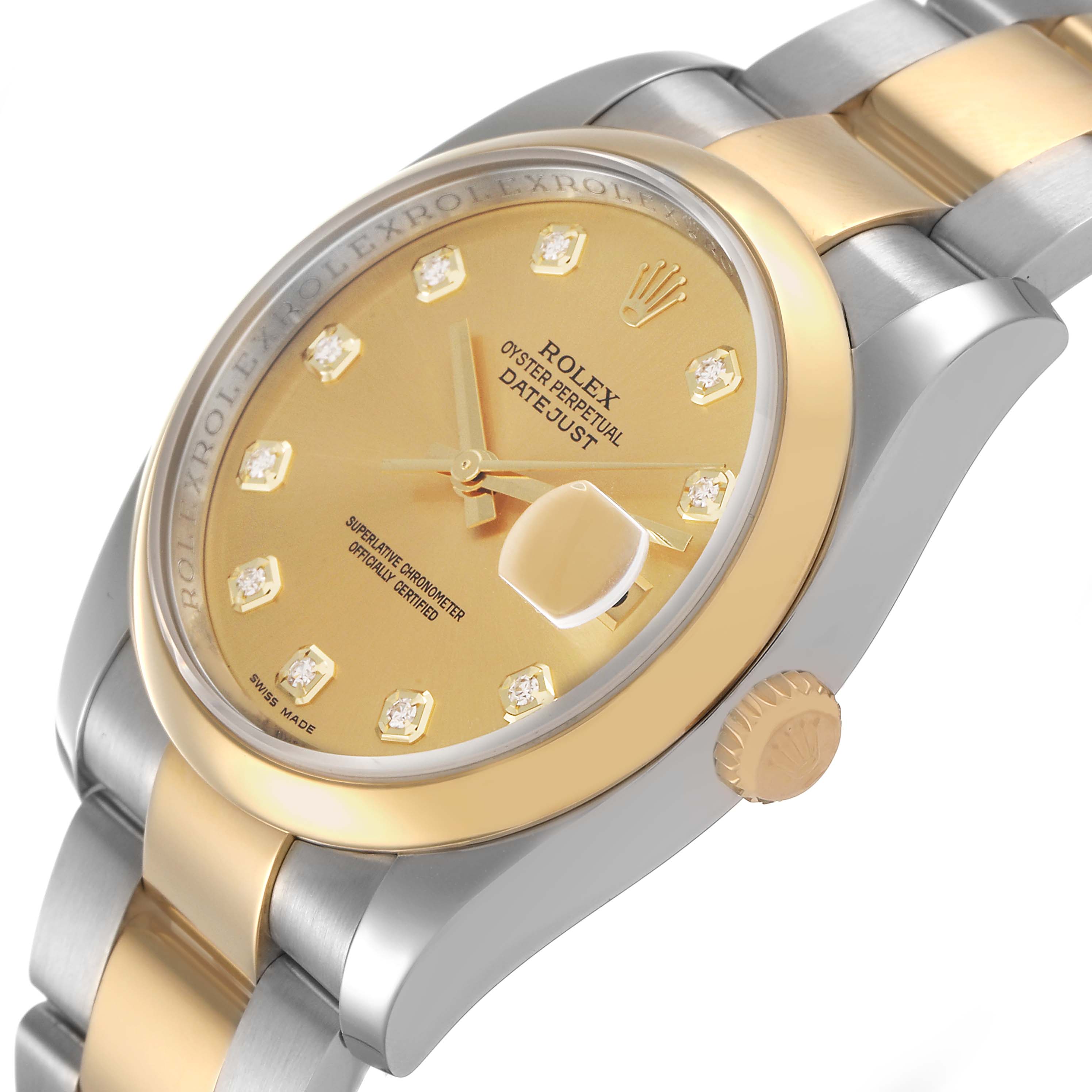 The Rolex Datejust 116203 Men's Steel and Gold (two tone) Champagne Dial watch is shown at an angled side view, highlighting the gold dial, crown, and two-tone bracelet.