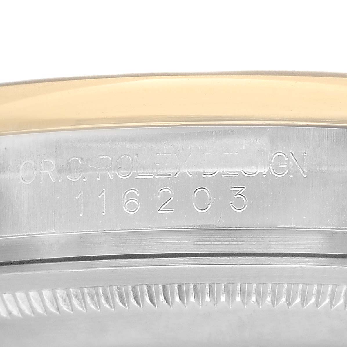 The image shows an engraved side view of a Rolex Datejust 116203 Men's Steel and Gold (two tone) Champagne Dial model's case, displaying the model number and "ORIG ROLEX DESIGN."