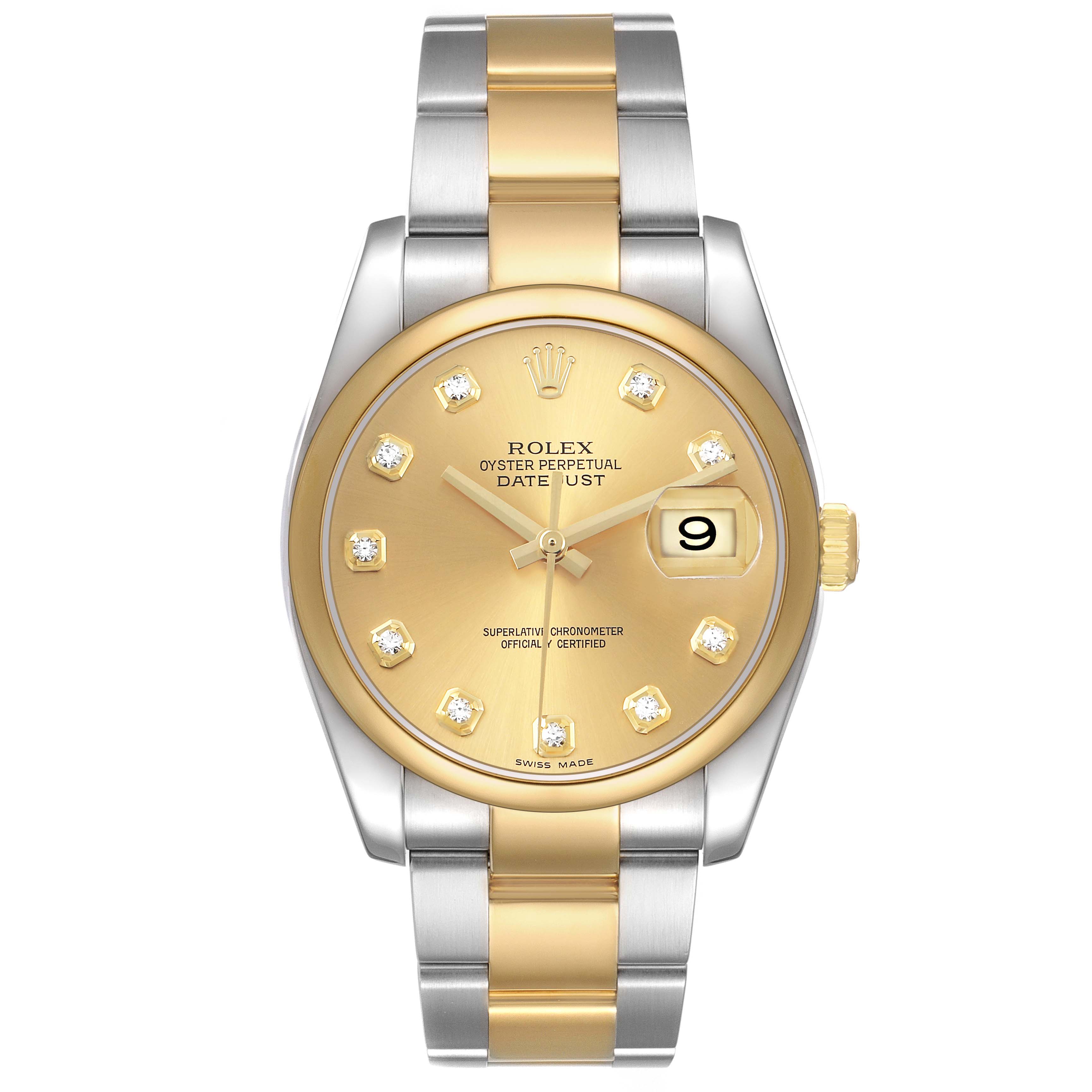 The Rolex Datejust 116203 Men's Steel and Gold (two tone) Champagne Dial watch is shown from a front angle, highlighting its dial, bezel, and two-tone bracelet.