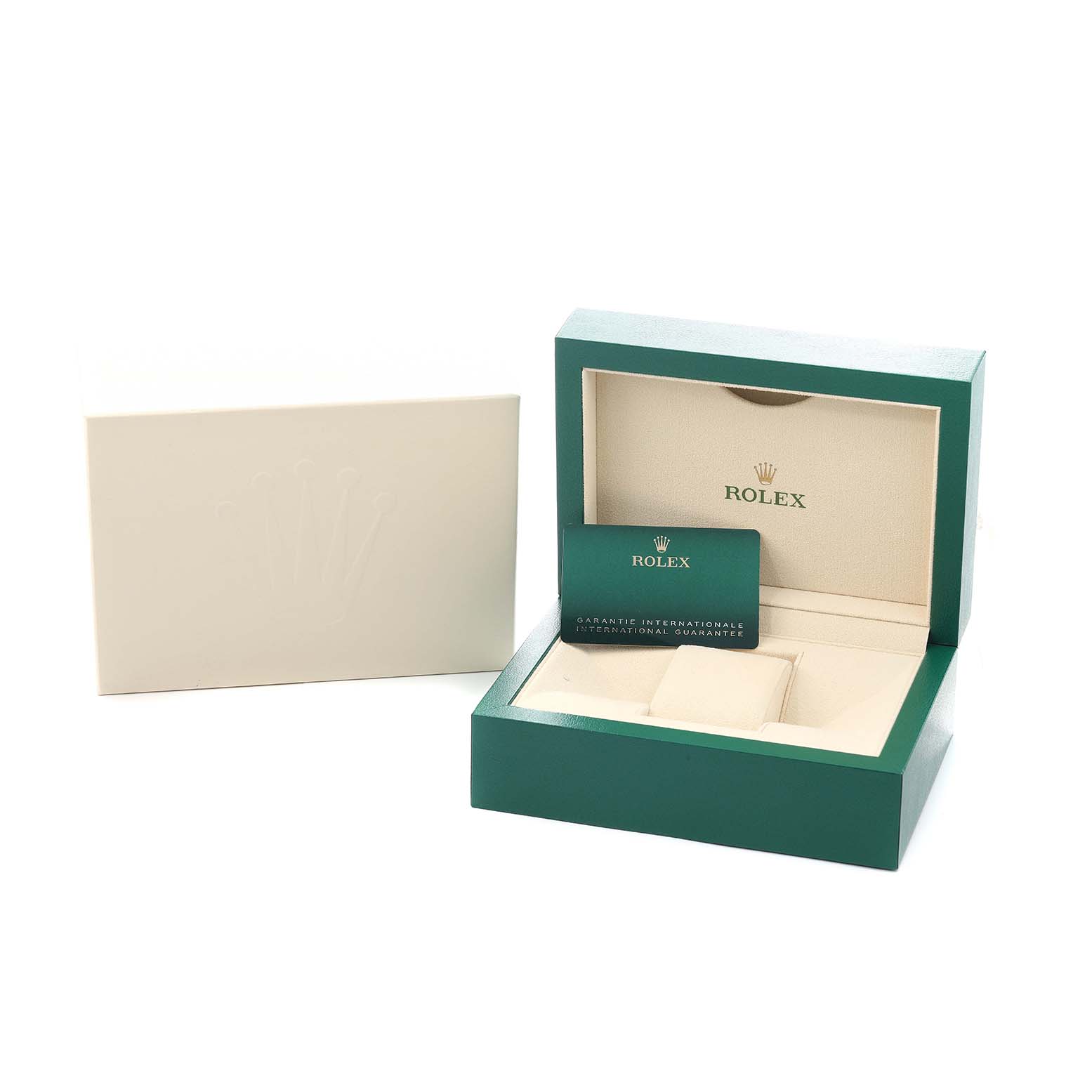 The image shows the open green box and guarantee card for a Rolex Datejust 41 126301 Men
s Steel and Gold (two tone) Pink Dial watch.