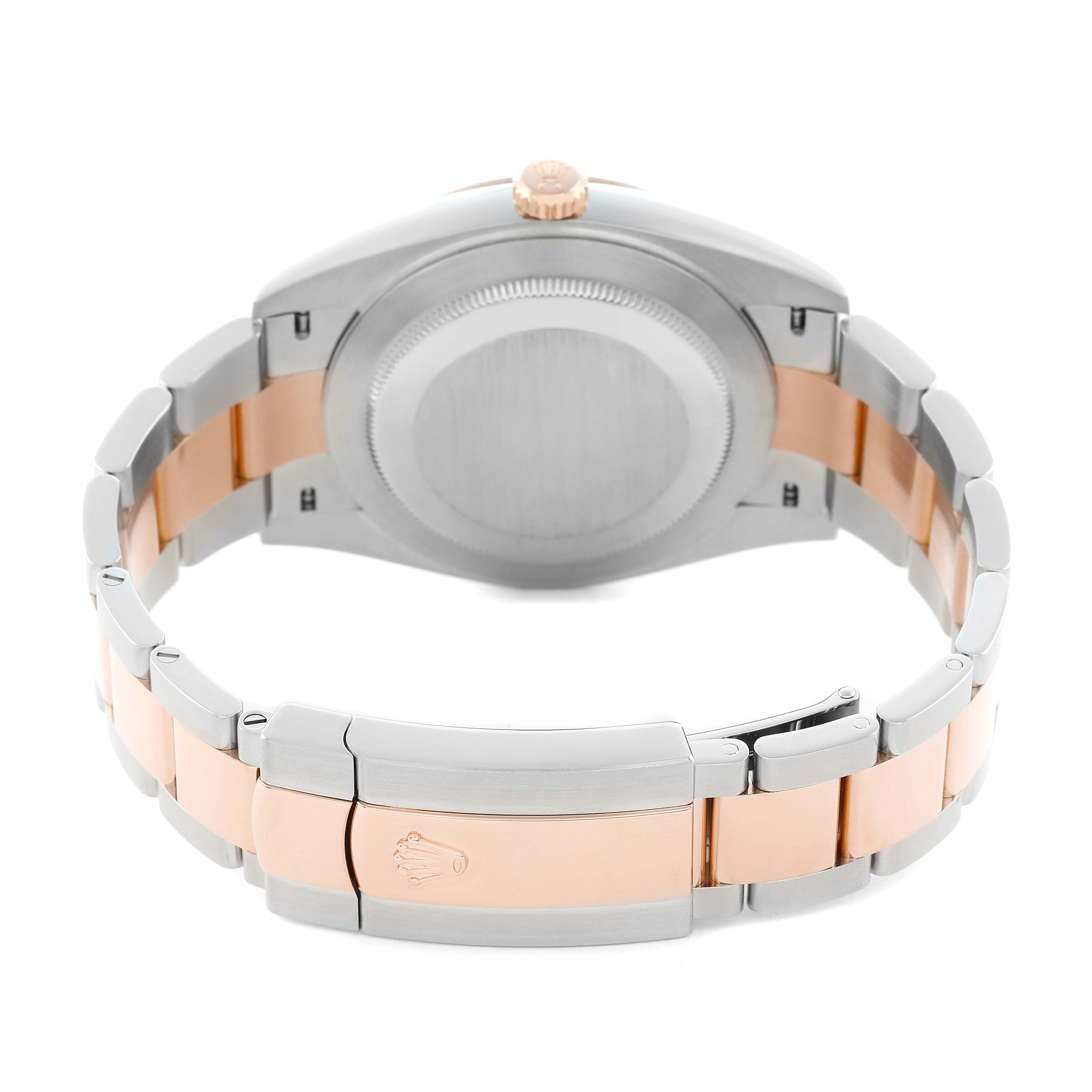 The image shows the back view of a Rolex Datejust 41 126301 Men
s Steel and Gold (two tone) Pink Dial, highlighting the case back and two-tone bracelet with a clasp.