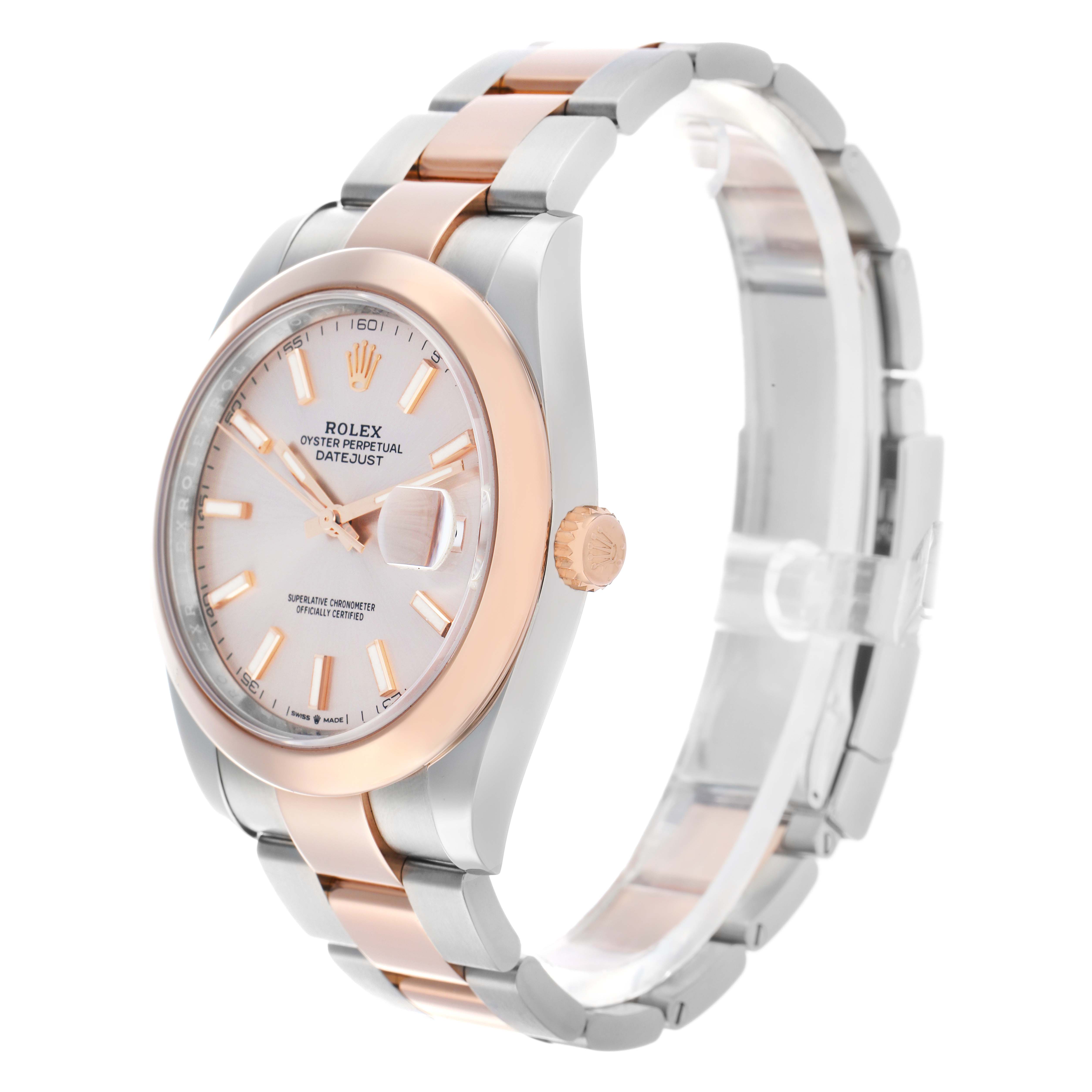 The Rolex Datejust 41 126301 Men
s Steel and Gold (two tone) Pink Dial is shown at a slight angle, highlighting the dial, bezel, case, crown, and two-tone bracelet.