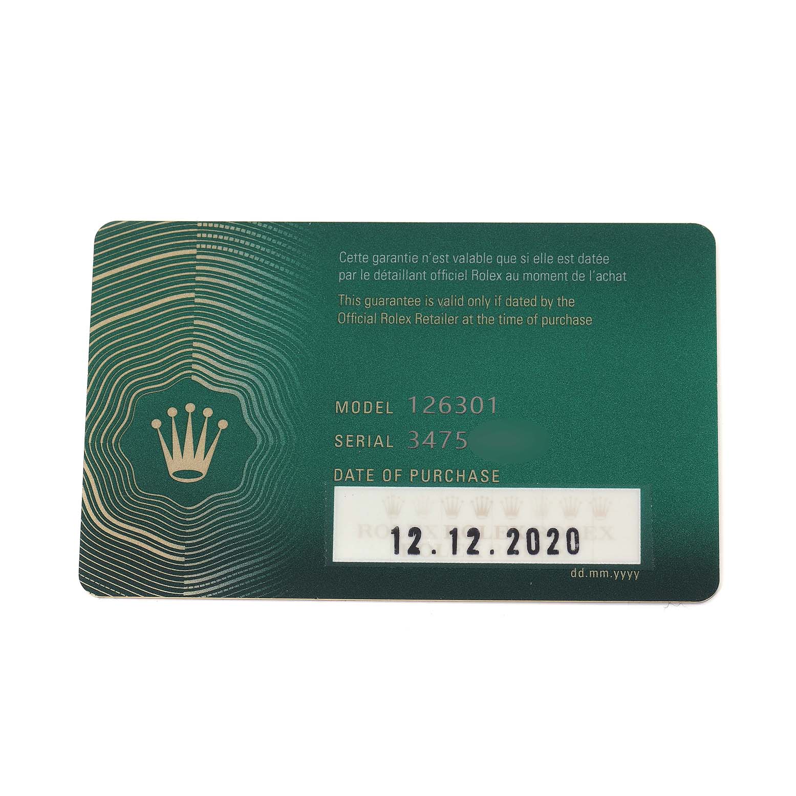 The image shows a Rolex Datejust 41 126301 Men
s Steel and Gold (two tone) Pink Dial warranty card, displaying model number, serial number, and purchase date.