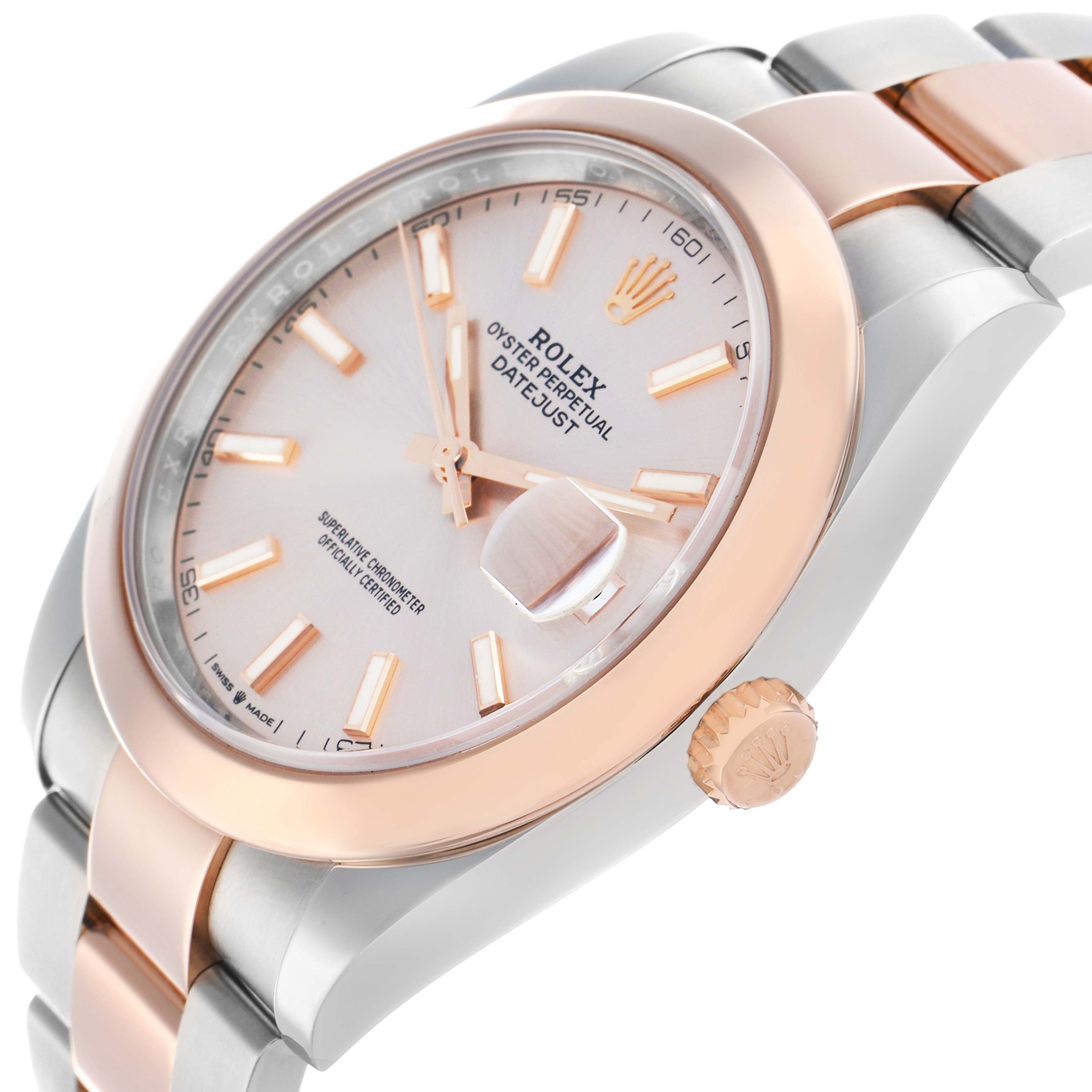 The Rolex Datejust 41 126301 Men
s Steel and Gold (two tone) Pink Dial is shown at an angle highlighting the dial, bezel, crown, and part of the bracelet.