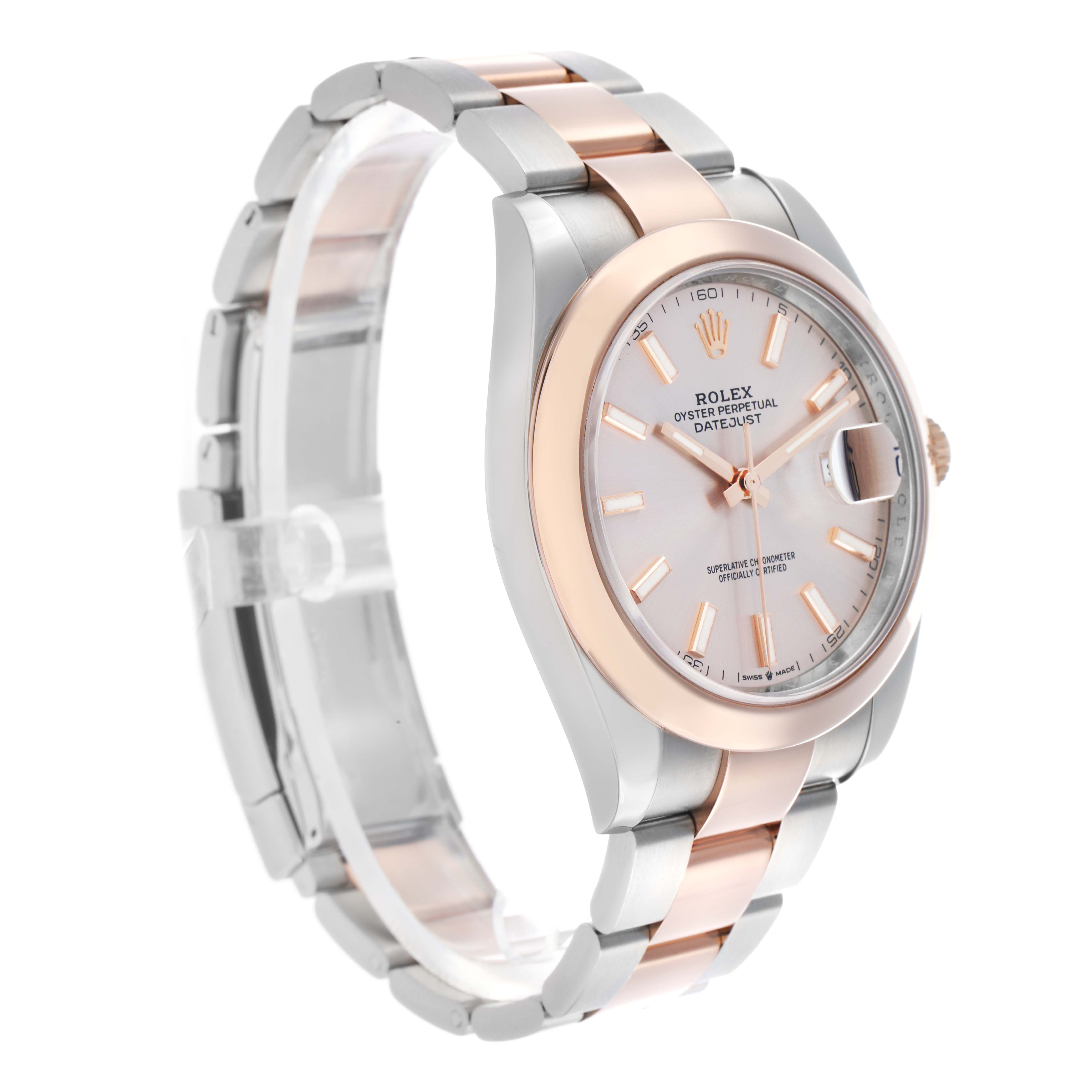 The Rolex Datejust 41 126301 Men
s Steel and Gold (two tone) Pink Dial is shown at a three-quarter angle, displaying the face, bezel, and bracelet.