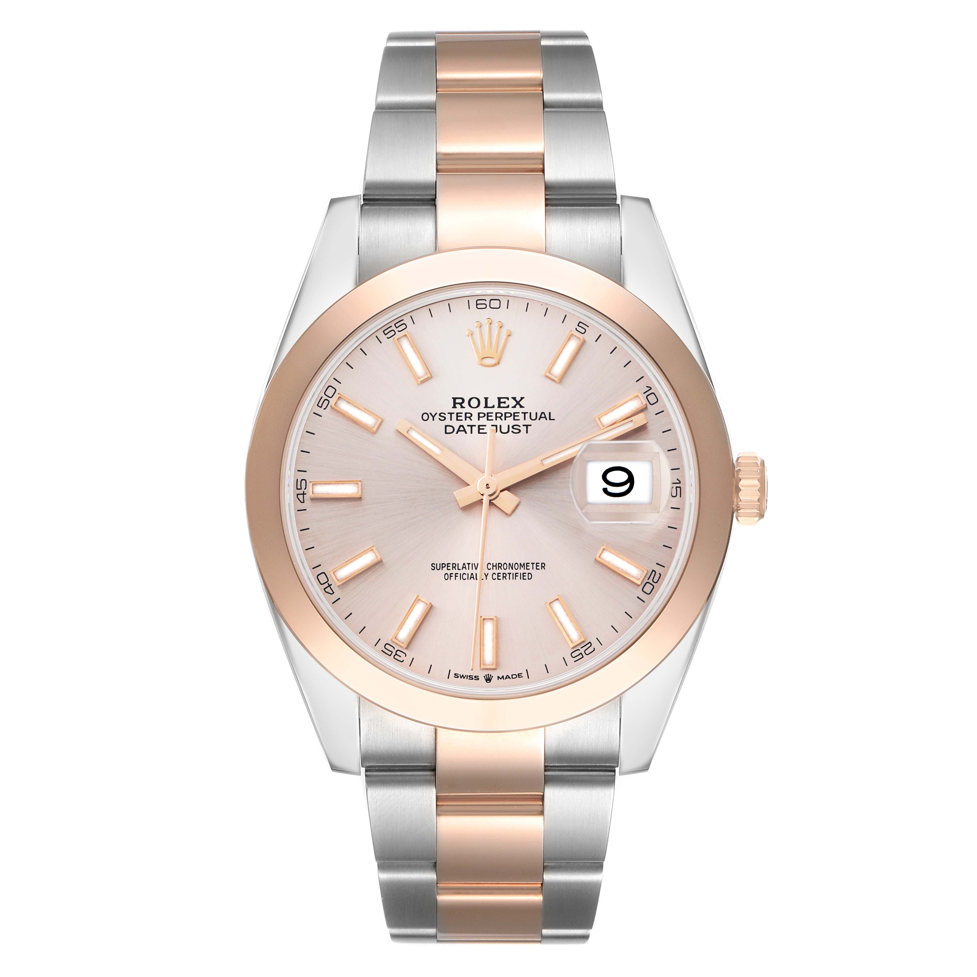 The image shows a front view of the Rolex Datejust 41 126301 Men
s Steel and Gold (two tone) Pink Dial, highlighting the dial, bezel, bracelet, and date window.