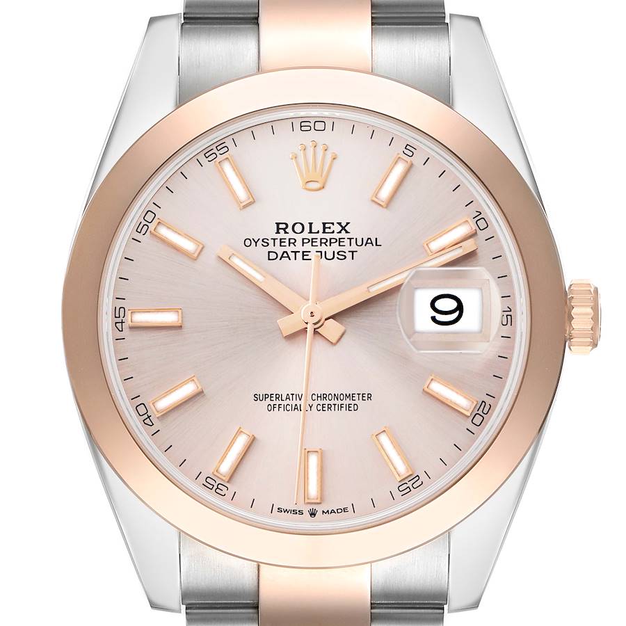 The Rolex Datejust 41 126301 Men's Steel and Gold (two tone) Pink Dial is shown from a front angle, displaying its dial, markers, hands, bezel, and date window.