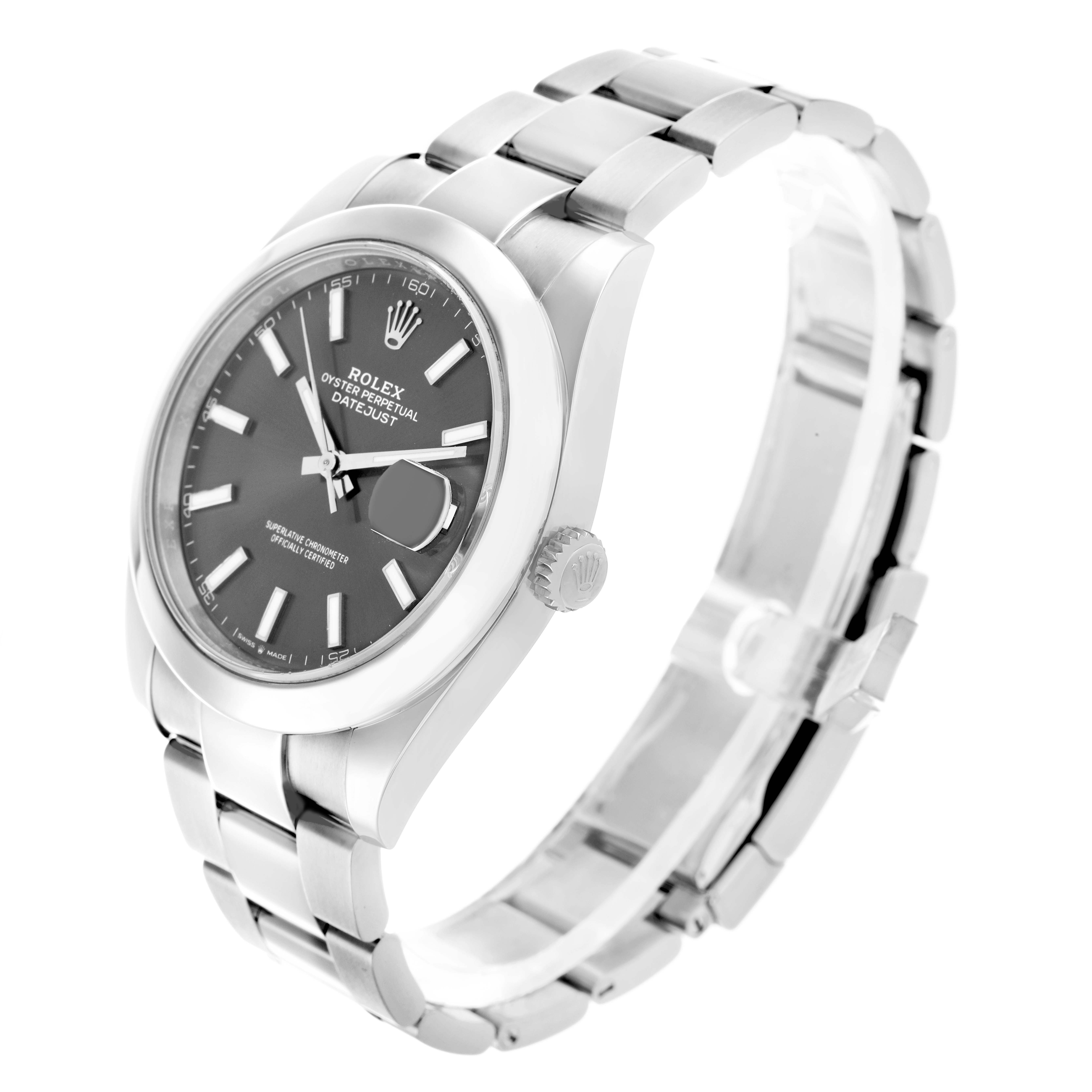 The Rolex Datejust 126300 Men
s Stainless Steel Grey Dial watch is shown at an angled view highlighting the face, bezel, crown, and part of the metal bracelet.