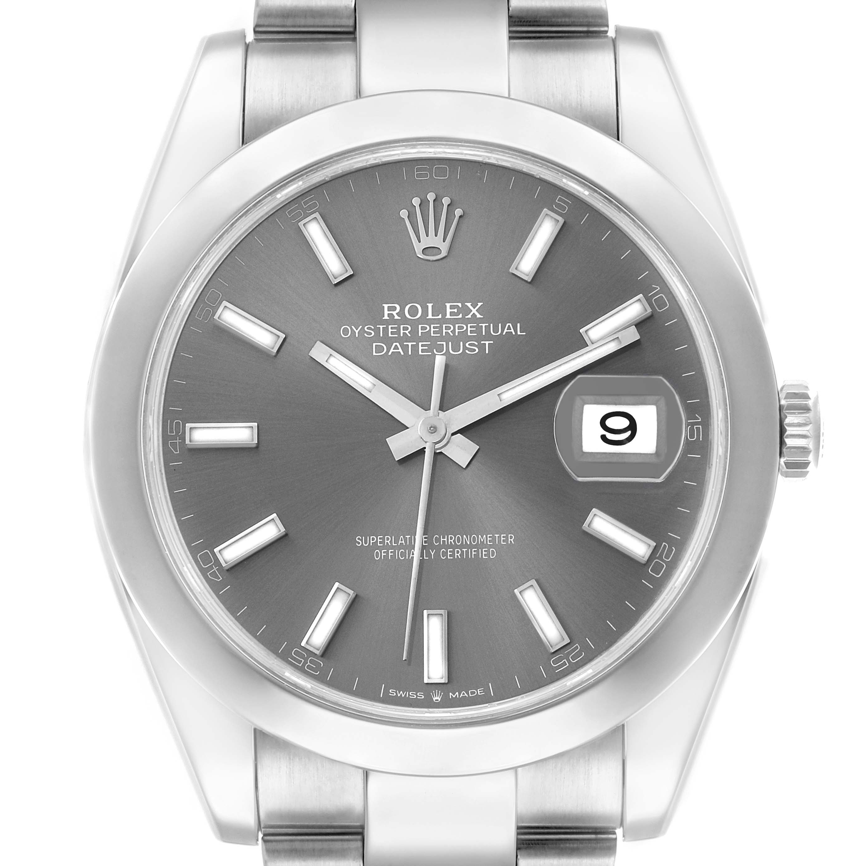 The Rolex Datejust 126300 Men
s Stainless Steel Grey Dial watch is shown from a front view, highlighting the dial, hands, crown, and part of the bracelet.