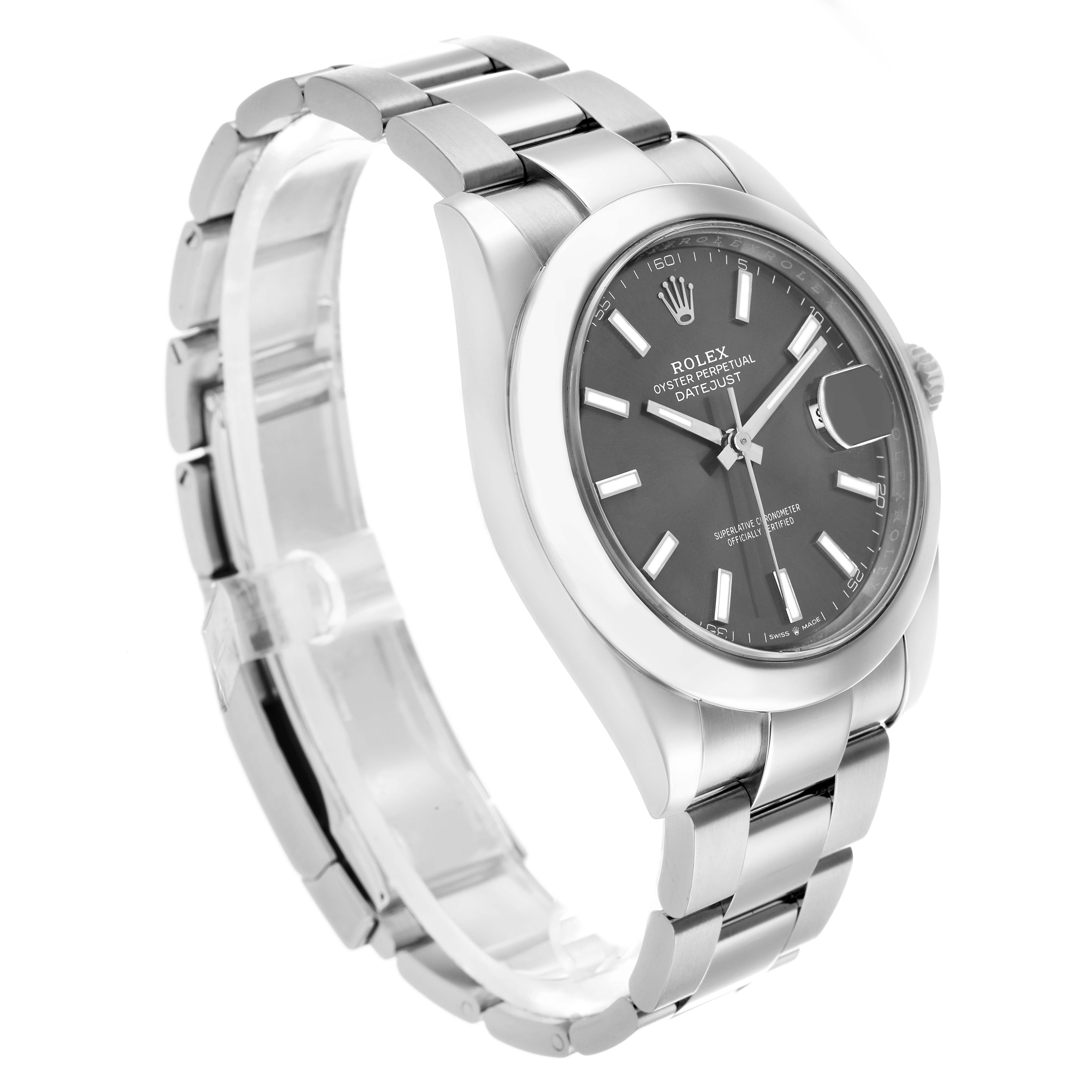 The Rolex Datejust 126300 Men
s Stainless Steel Grey Dial watch is shown at a slight angle, displaying the face, bezel, and part of the bracelet.