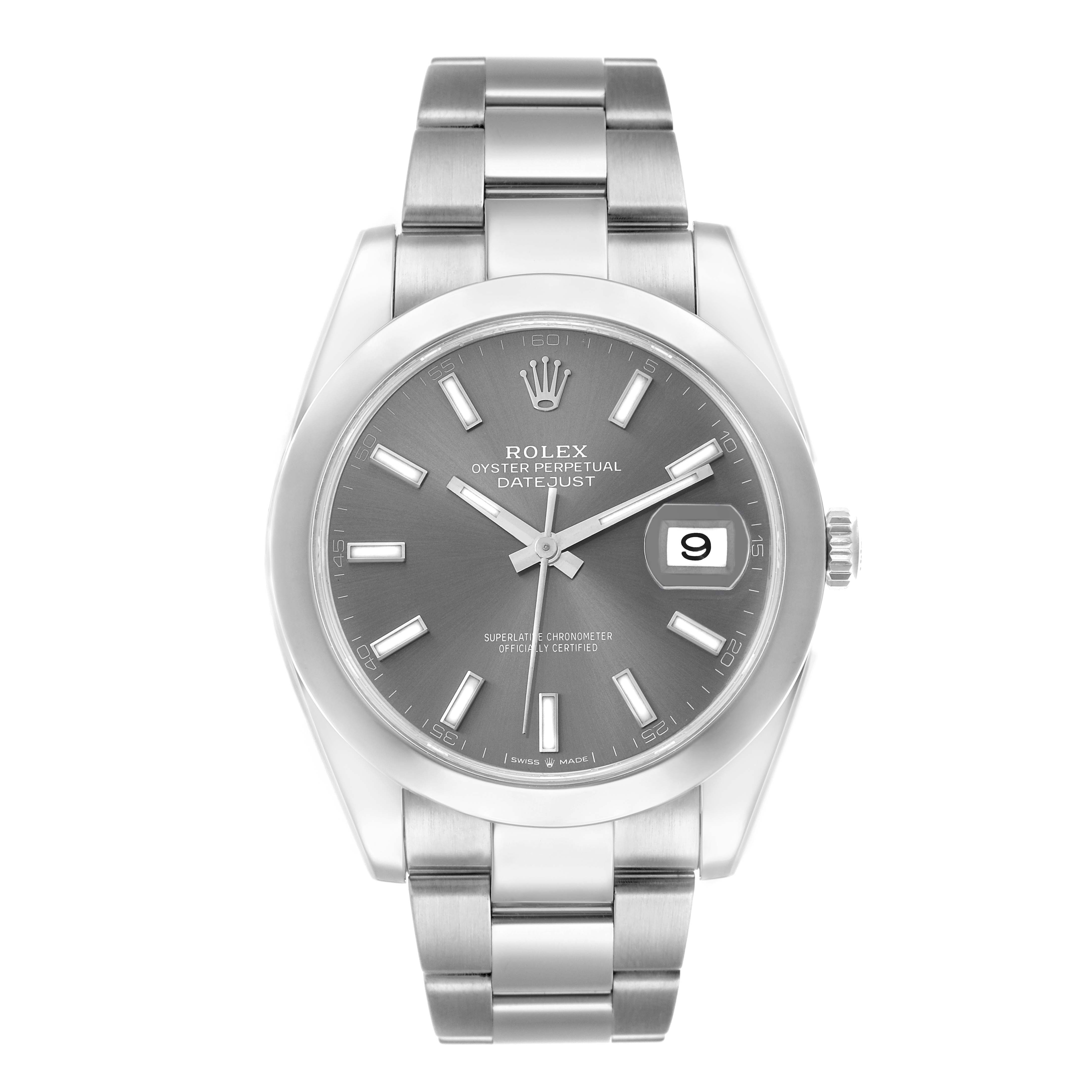 The Rolex Datejust 126300 Men
s Stainless Steel Grey Dial watch is shown from a front view, highlighting the dial, bezel, and bracelet.
