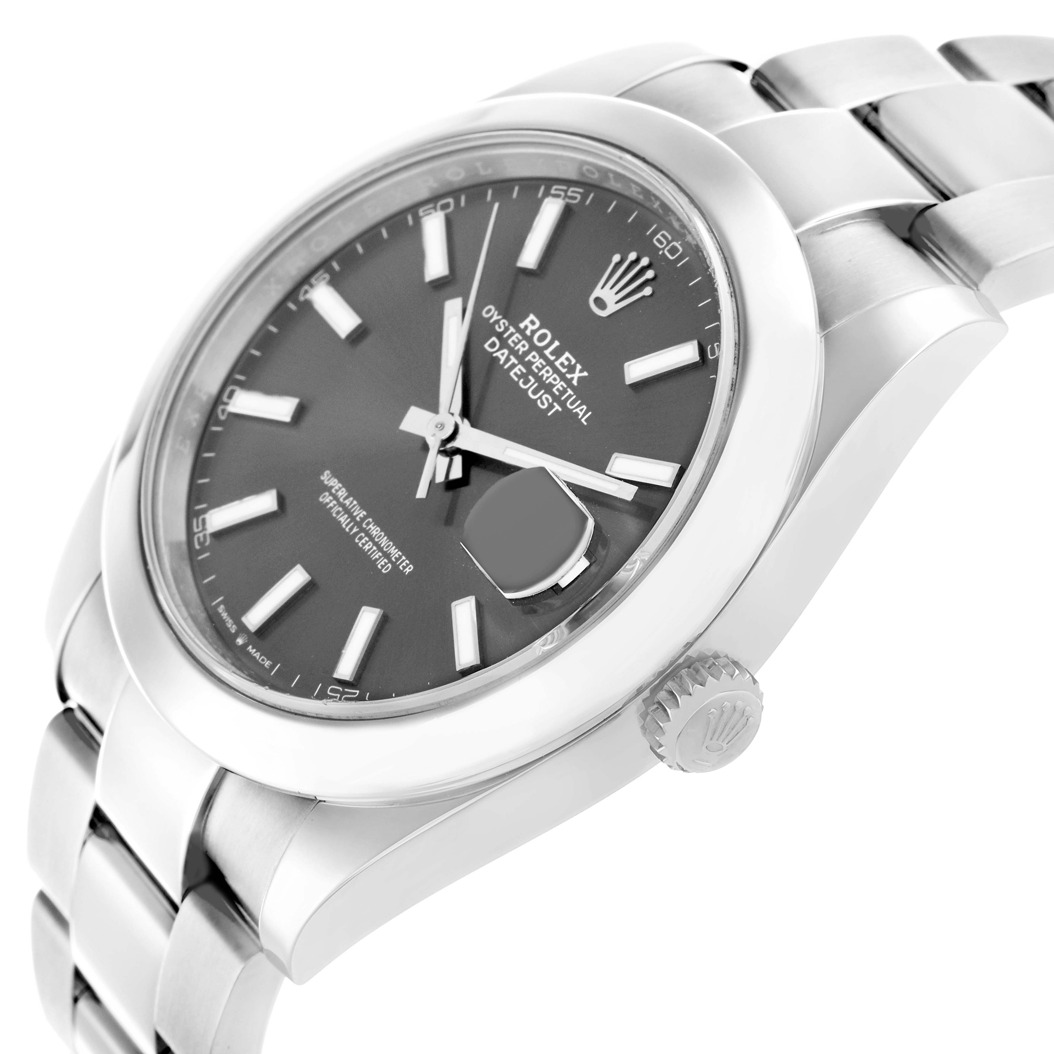 The Rolex Datejust 126300 Men
s Stainless Steel Grey Dial watch is shown at a diagonal angle, highlighting the dial, bezel, bracelet, and crown.