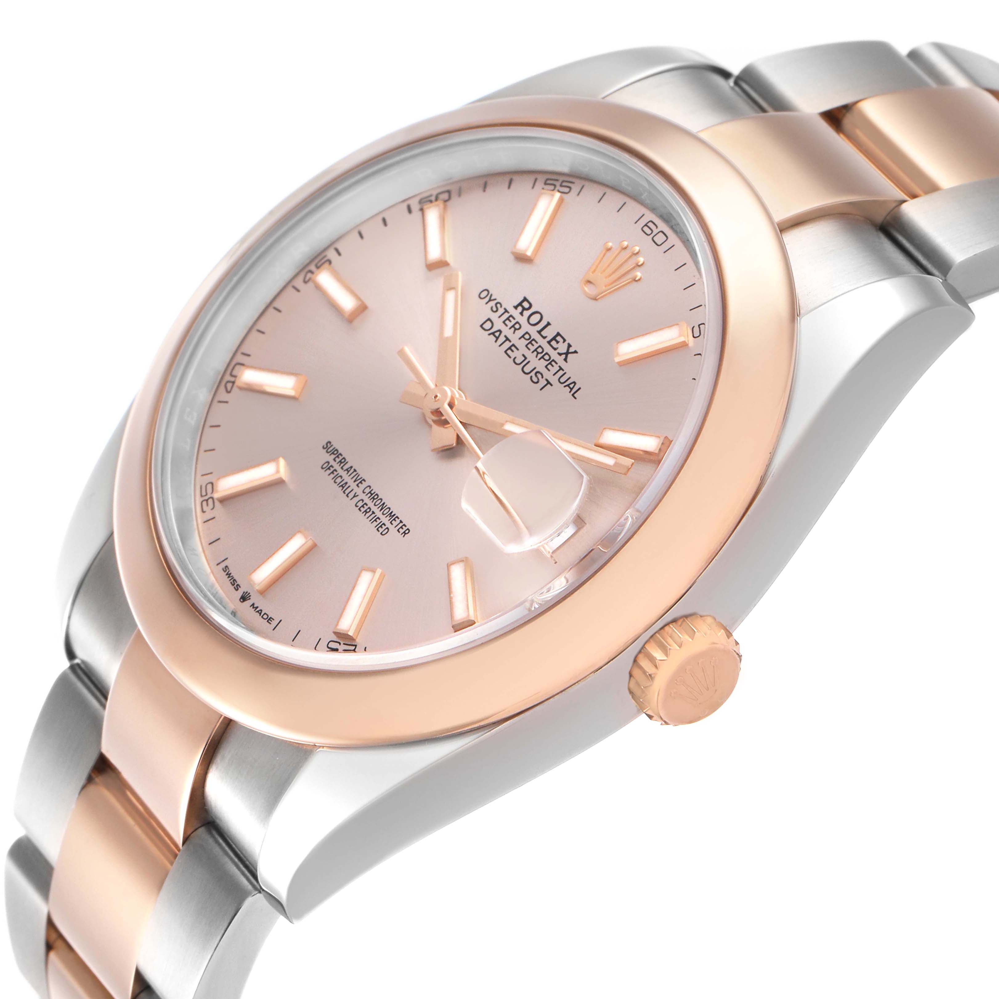 The Rolex Datejust 41 126301 Men's Steel and Gold (two tone) Pink Dial watch is shown at an angled side view, displaying the dial, bezel, crown, and part of the bracelet.