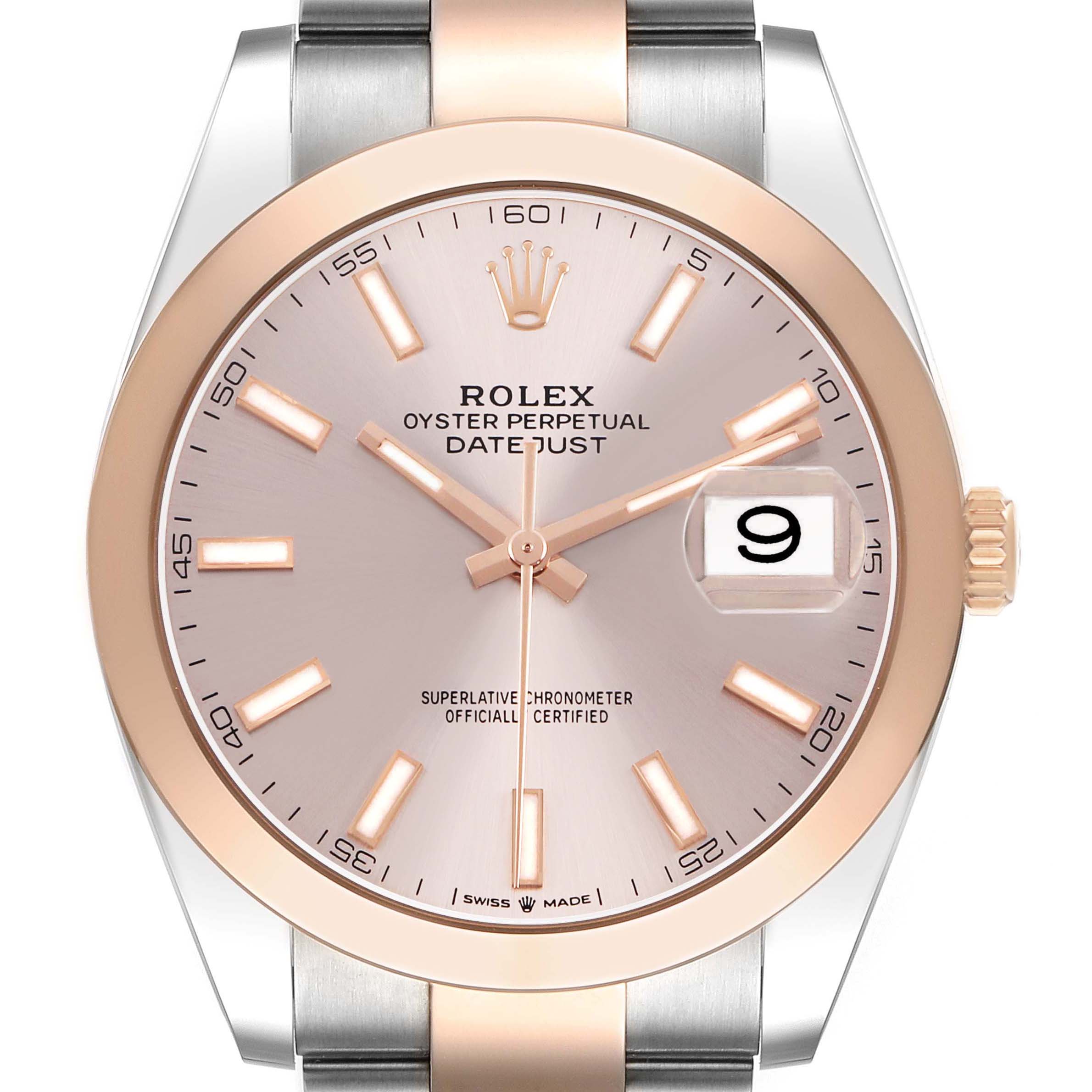 The Rolex Datejust 41 126301 Men's Steel and Gold (two tone) Pink Dial is shown from a top view, highlighting its dial, hands, bezel, crown, and date window.