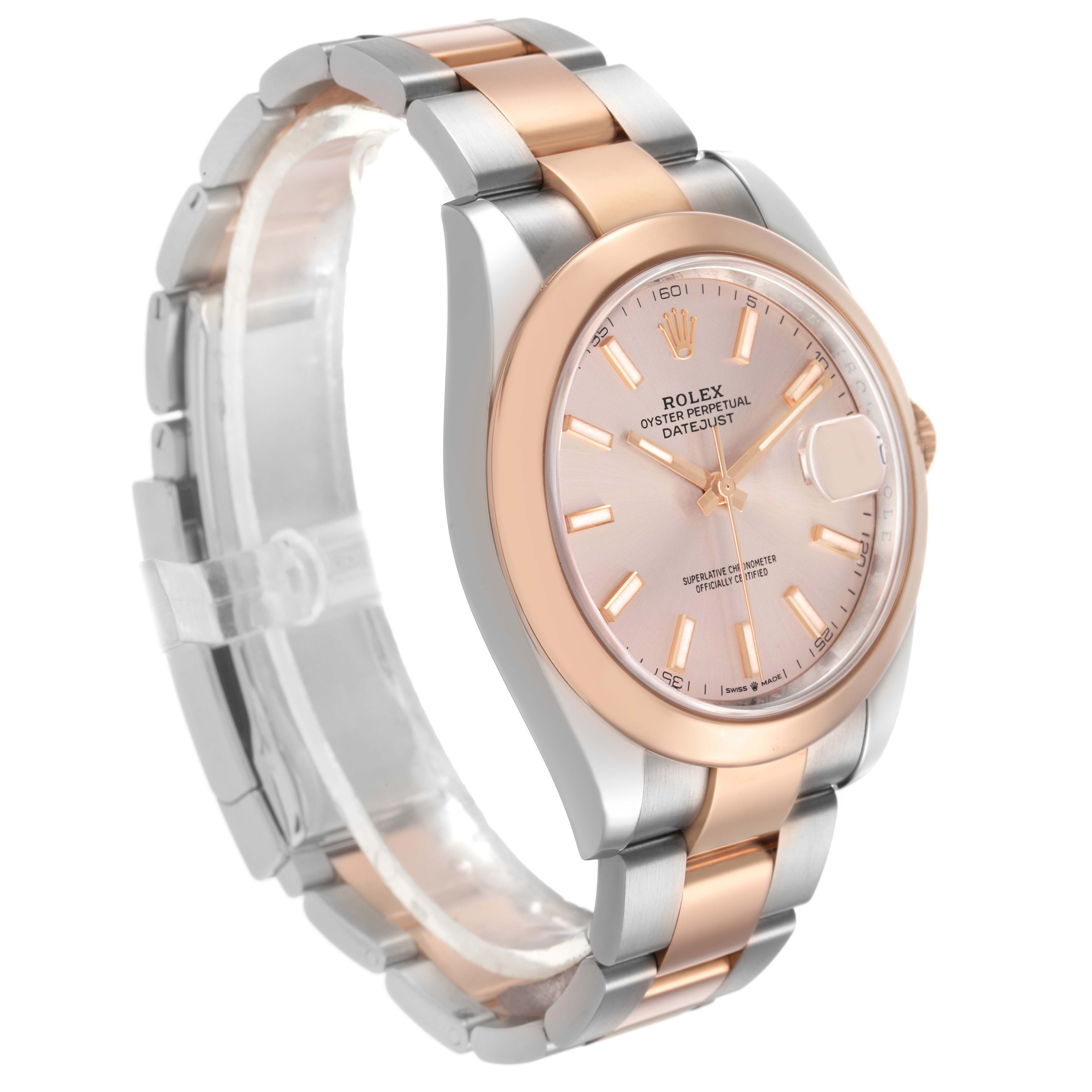 The Rolex Datejust 41 126301 Men's Steel and Gold (two tone) Pink Dial is shown at a three-quarter angle, highlighting its rose gold and stainless steel bracelet and dial.
