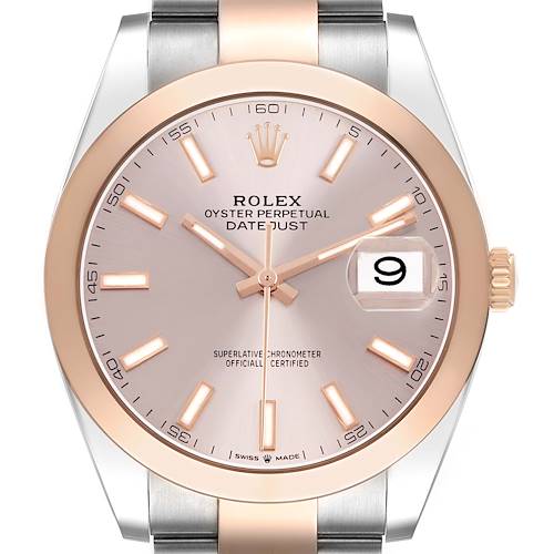 This image shows a front view of the Rolex Datejust 41 126301 Men's Steel and Gold (two tone) Pink Dial, highlighting the dial, bezel, hands, and cyclops date magnifier.