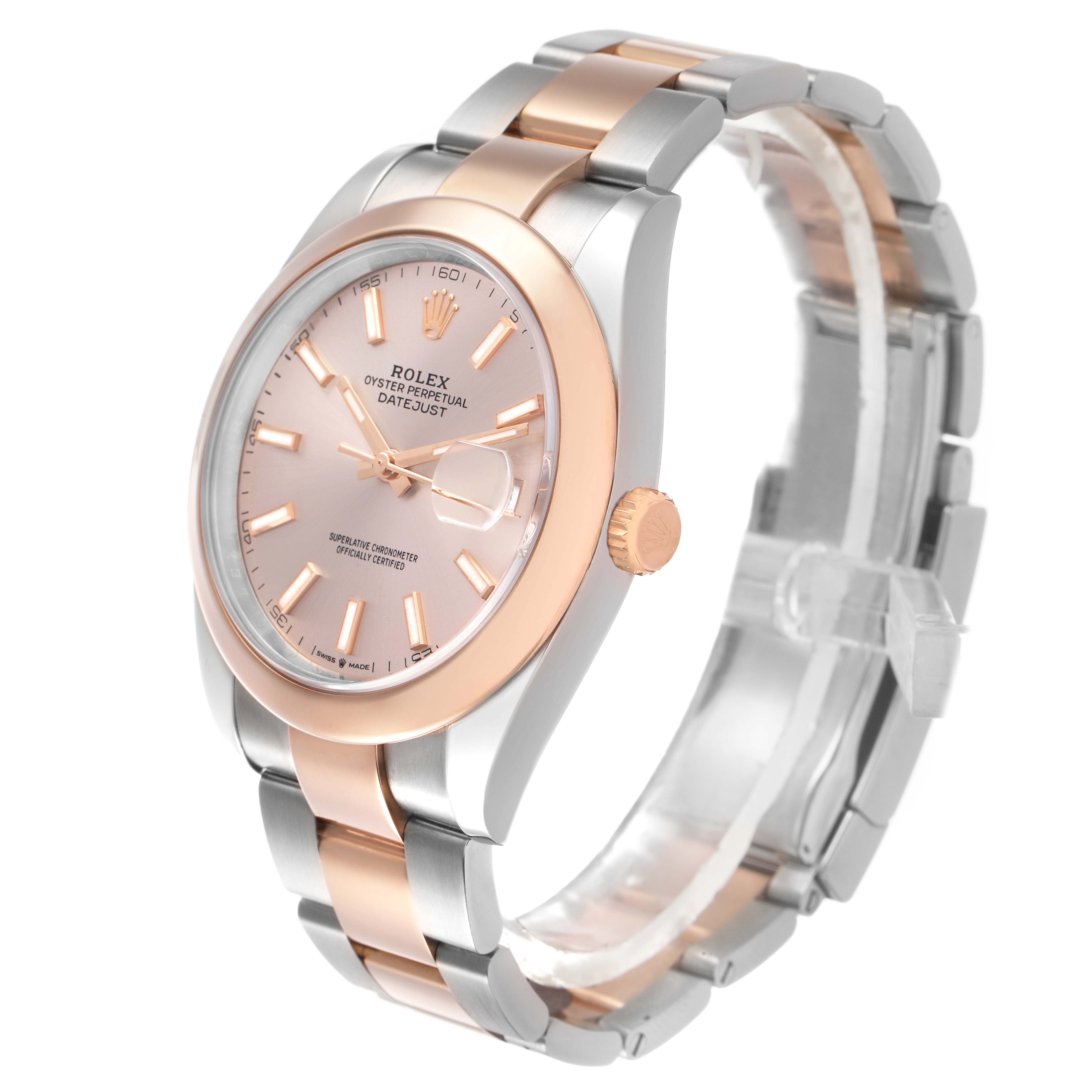 The Rolex Datejust 41 126301 Men's Steel and Gold (two tone) Pink Dial is shown at a slight angle, highlighting the bezel, dial, bracelet, and crown.