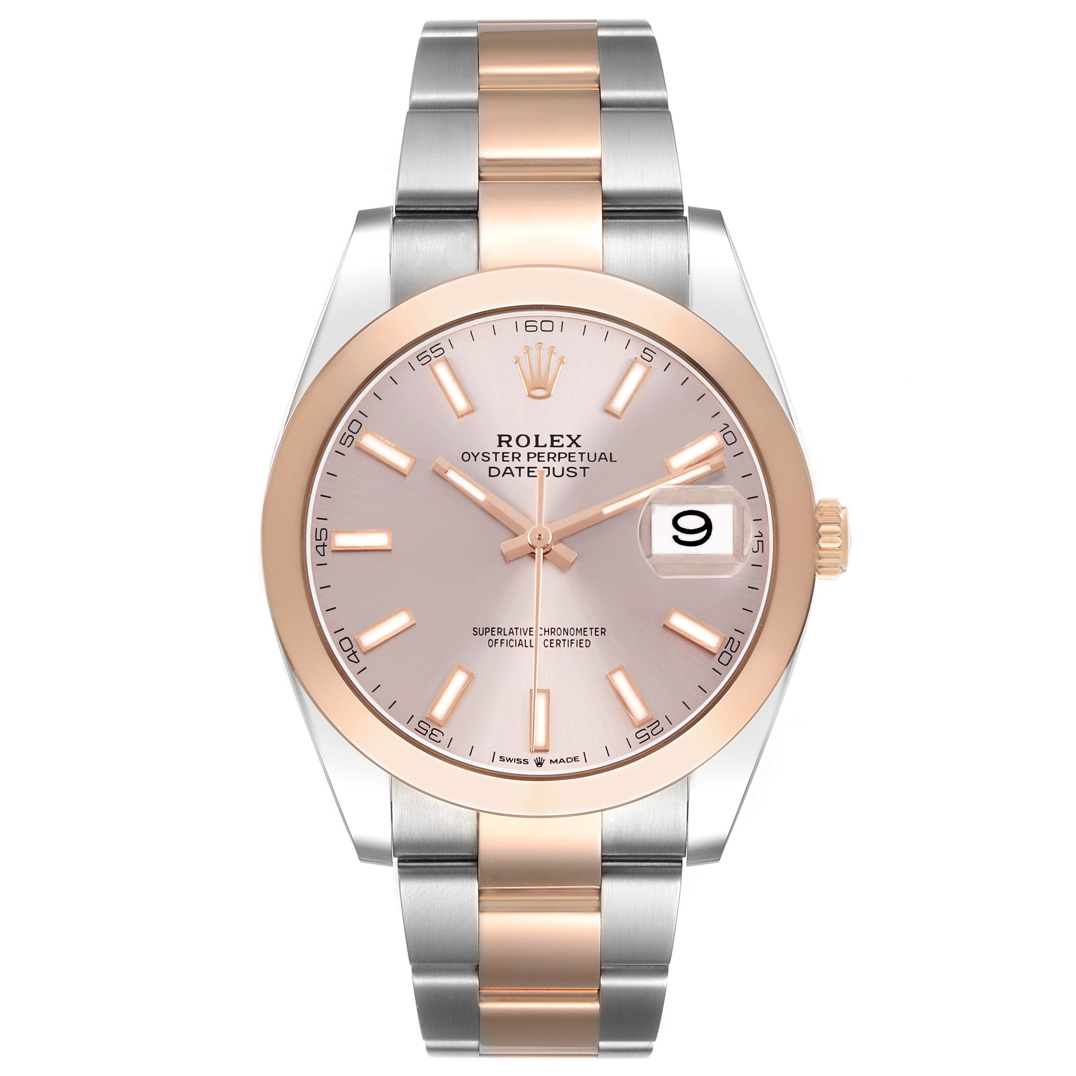 The Rolex Datejust 41 126301 Men's Steel and Gold (two tone) Pink Dial is shown from the front, displaying its dial, bracelet, and date window.