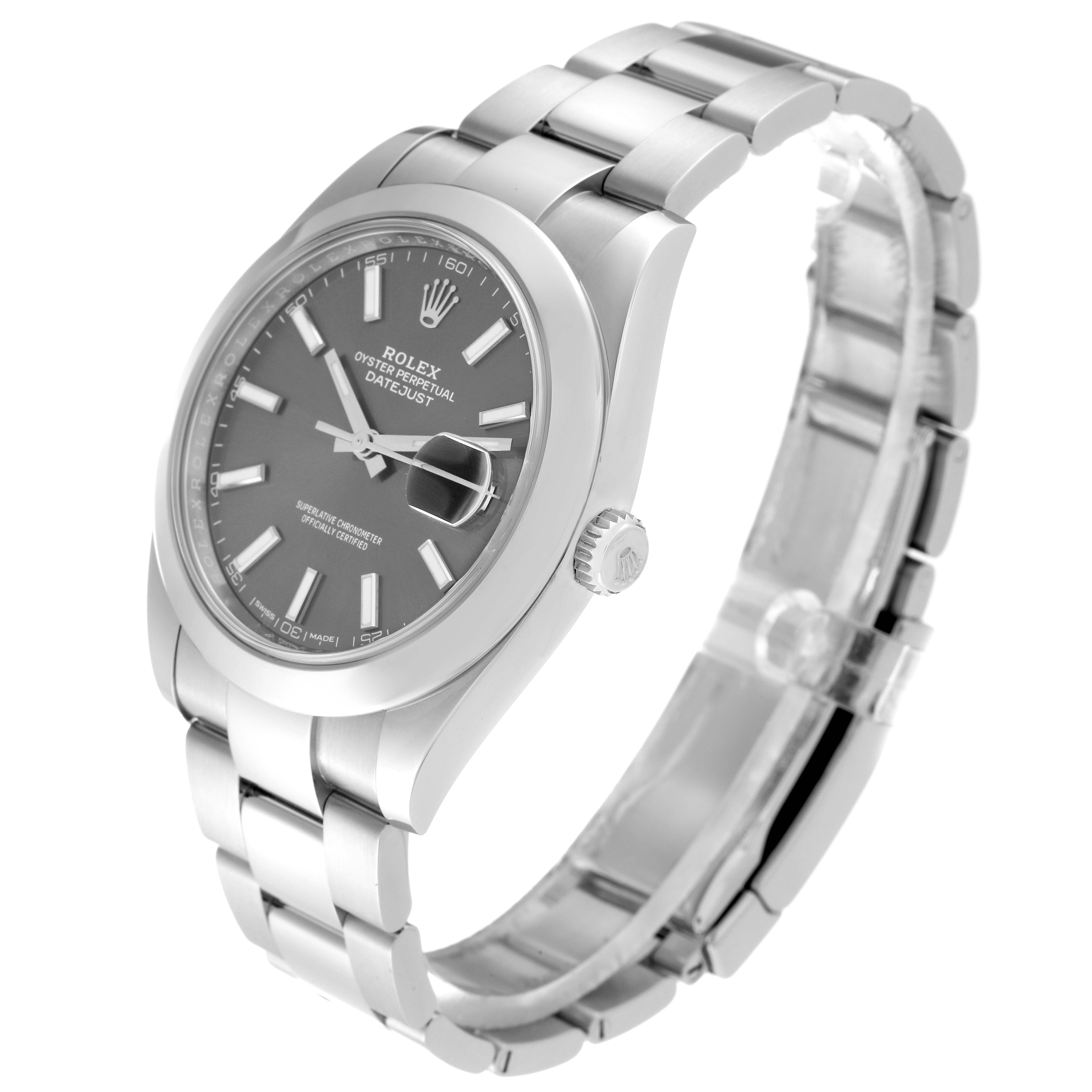 The Rolex Datejust 41 126300 Men's Stainless Steel Grey Dial 126300 Men's Stainless Steel Grey Dial watch is shown from an angled view, highlighting the dial, bracelet, and crown.