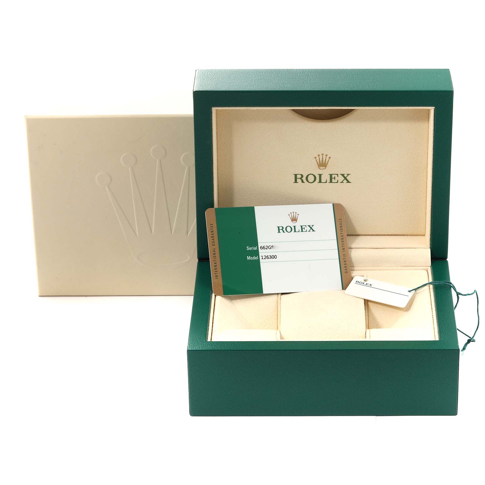 The image shows the packaging box, warranty card, and tag for a Rolex Datejust 41 126300 Men's Stainless Steel Grey Dial 126300 Men's Stainless Steel Grey Dial model, displayed from a front angle.