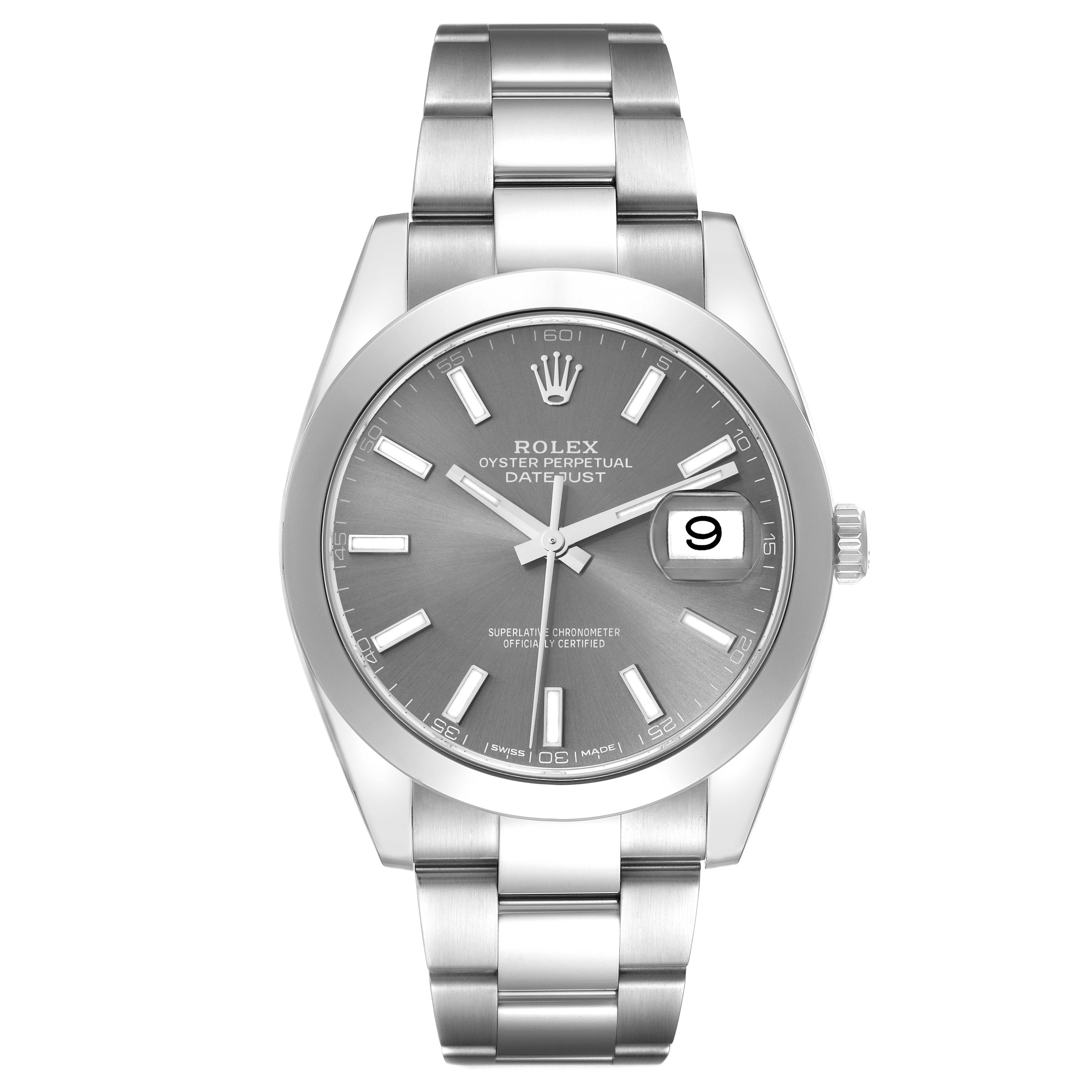 The Rolex Datejust 41 126300 Men's Stainless Steel Grey Dial 126300 Men's Stainless Steel Grey Dial watch is shown from a front angle, displaying its dial, bracelet, date window, and crown.