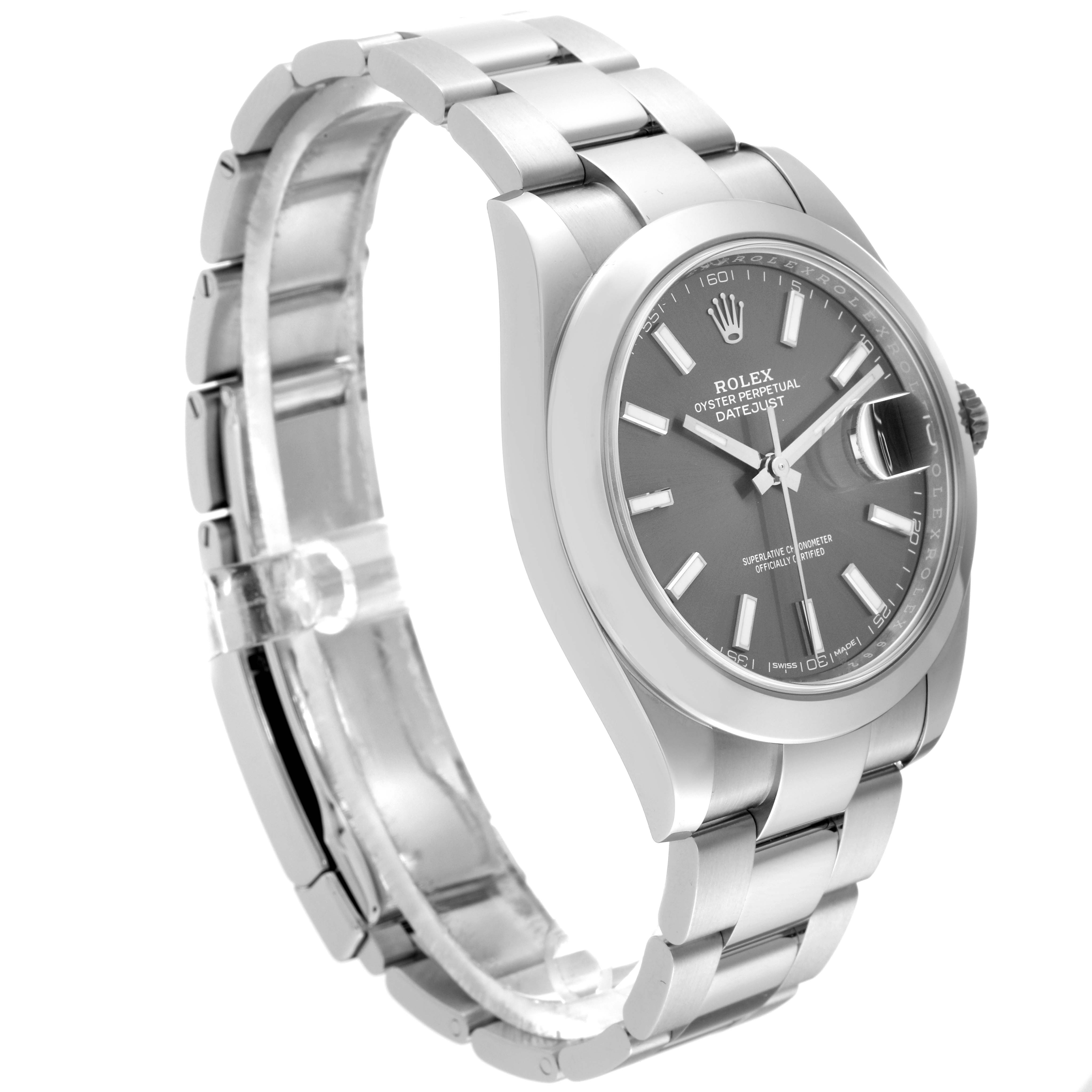 The Rolex Datejust 41 126300 Men's Stainless Steel Grey Dial 126300 Men's Stainless Steel Grey Dial watch is shown at an angle, highlighting the dial, bezel, bracelet, and part of the clasp.