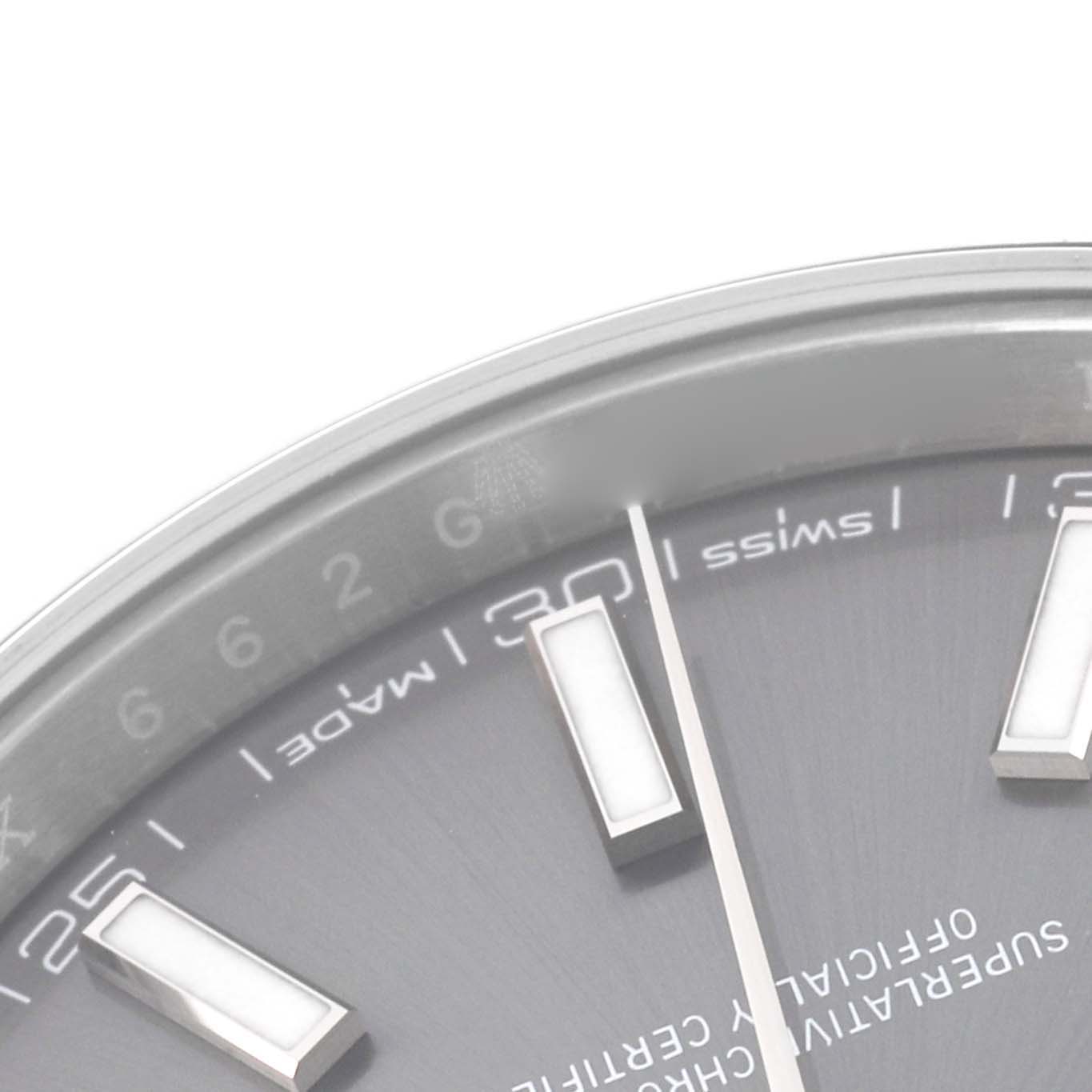 The image shows a close-up of the dial and hour markers near the "3" and "6" positions of a Rolex Datejust 41 126300 Men's Stainless Steel Grey Dial 126300 Men's Stainless Steel Grey Dial model watch.