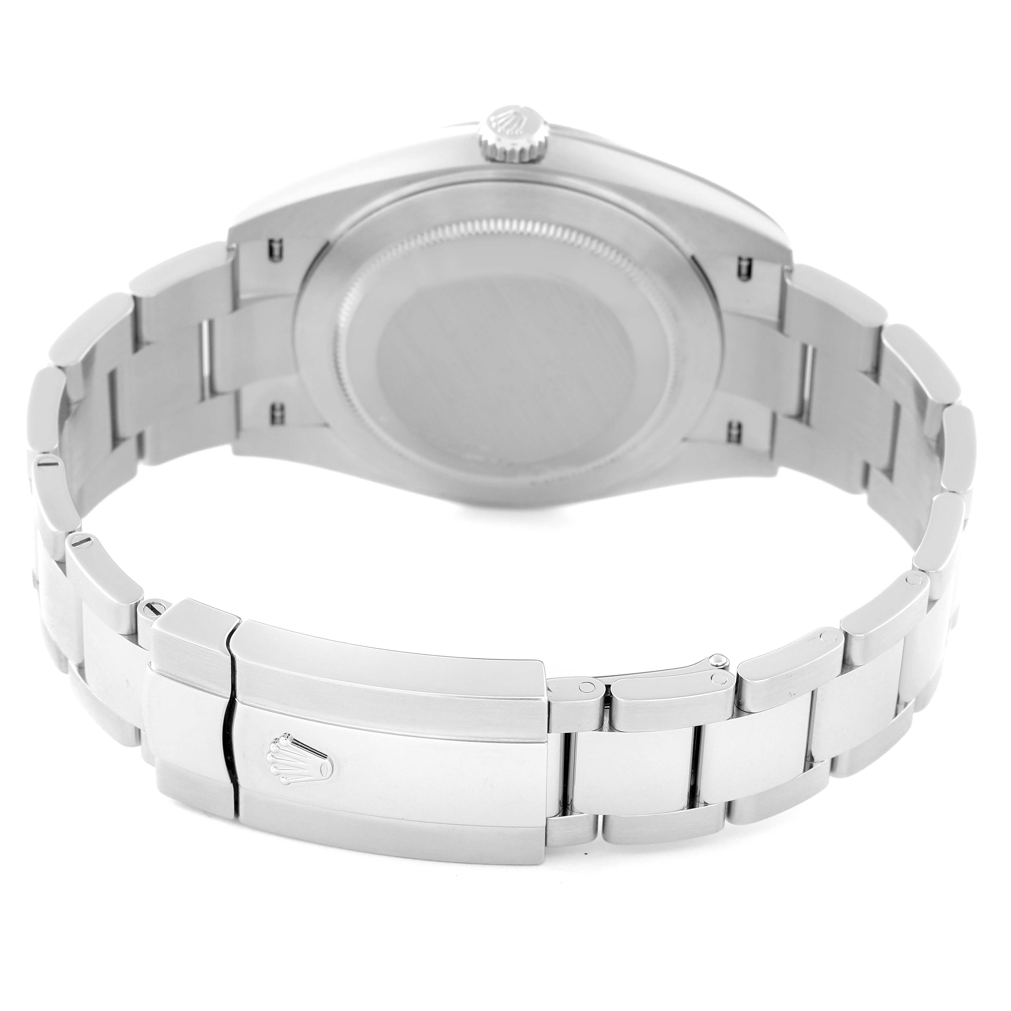 This image shows the back of the Rolex Datejust 41 126300 Men's Stainless Steel Grey Dial 126300 Men's Stainless Steel Grey Dial watch, including the case and stainless steel bracelet with the clasp.