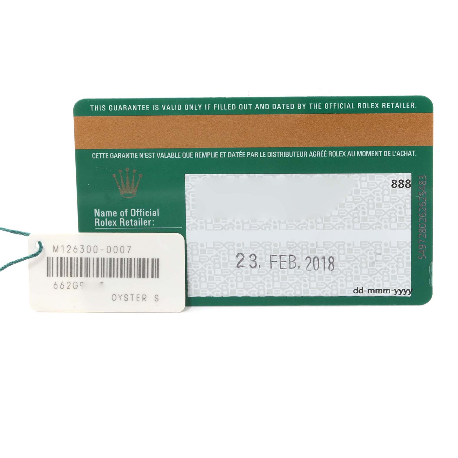 This image shows the warranty card and tag for a Rolex Datejust 41 126300 Men's Stainless Steel Grey Dial 126300 Men's Stainless Steel Grey Dial model, issued on 23 February 2018.