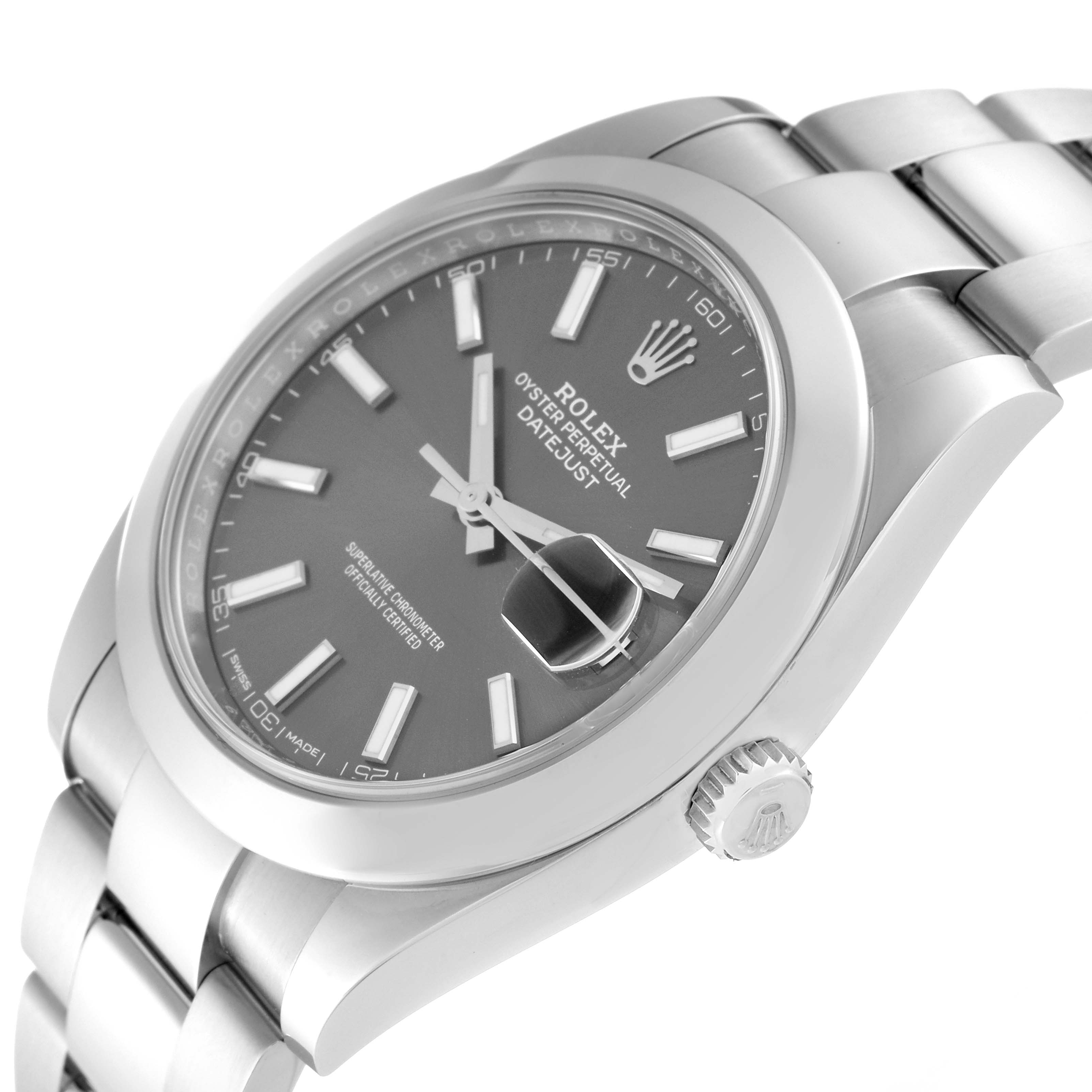The image shows a Rolex Datejust 41 126300 Men's Stainless Steel Grey Dial 126300 Men's Stainless Steel Grey Dial watch at an angle highlighting its dial, crown, and part of the bracelet.