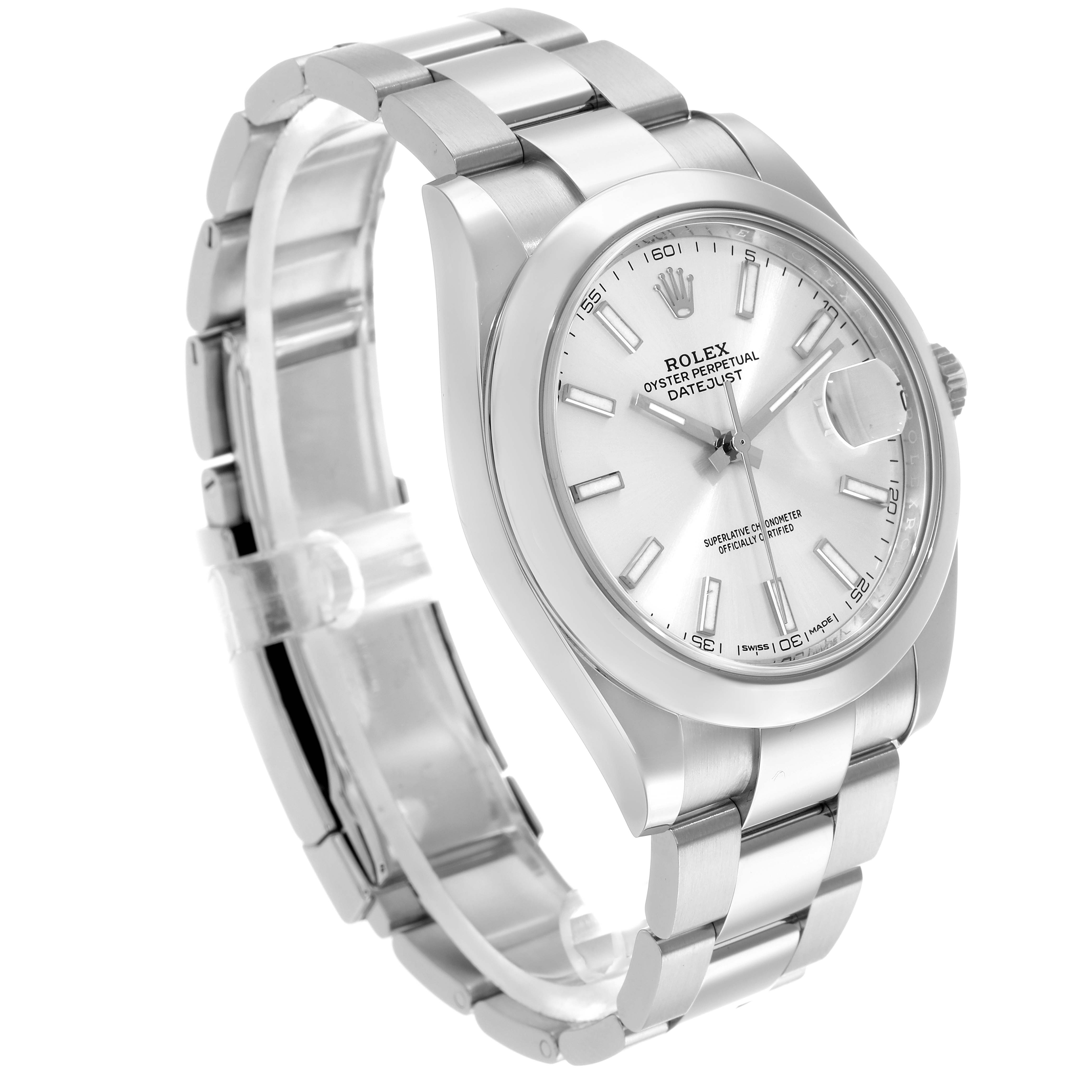 The Rolex Datejust 41 126300 Men
s Stainless Steel Silver Dial is shown at a three-quarter angle, highlighting its bezel, bracelet, and crown, with a clear view of the dial.