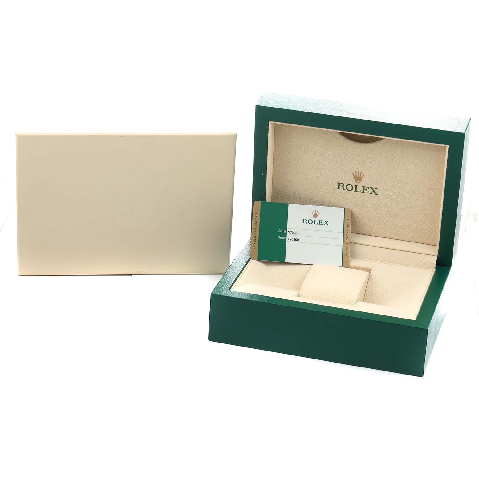 The image shows the Rolex Datejust 41 126300 Men
s Stainless Steel Silver Dial packaging, featuring an open green box with a card inside, viewed from a front angle.