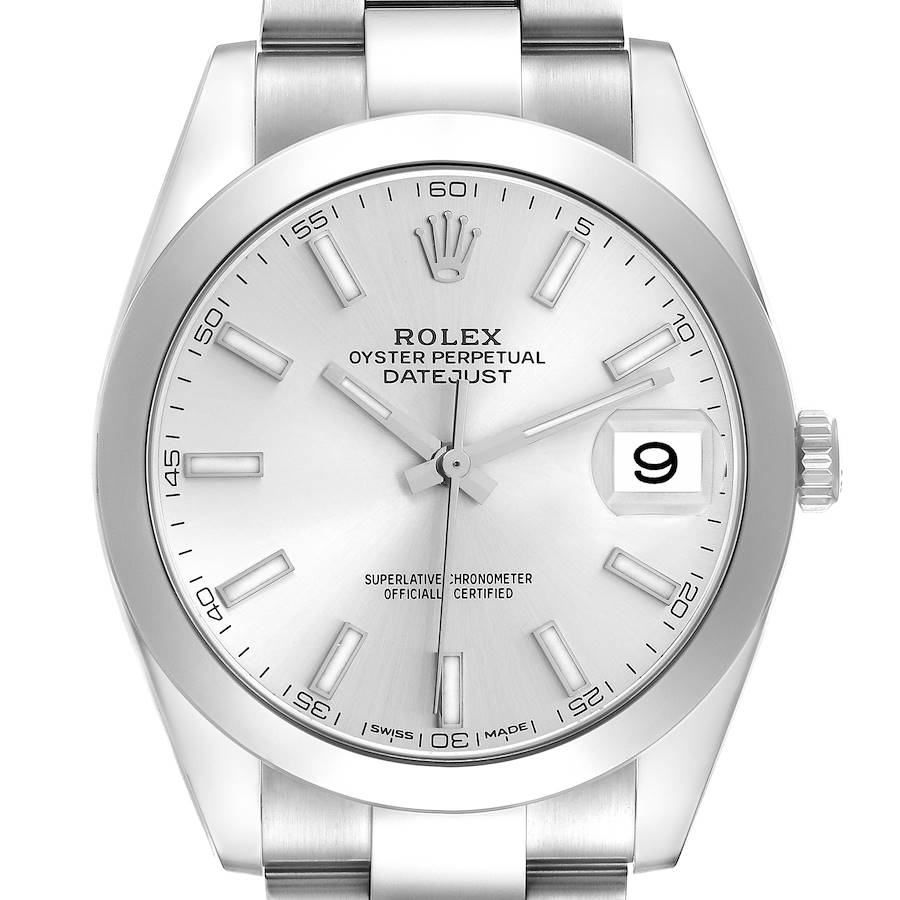 The Rolex Datejust 41 126300 Men's Stainless Steel Silver Dial watch is shown from a front angle, highlighting the dial, bezel, and bracelet.