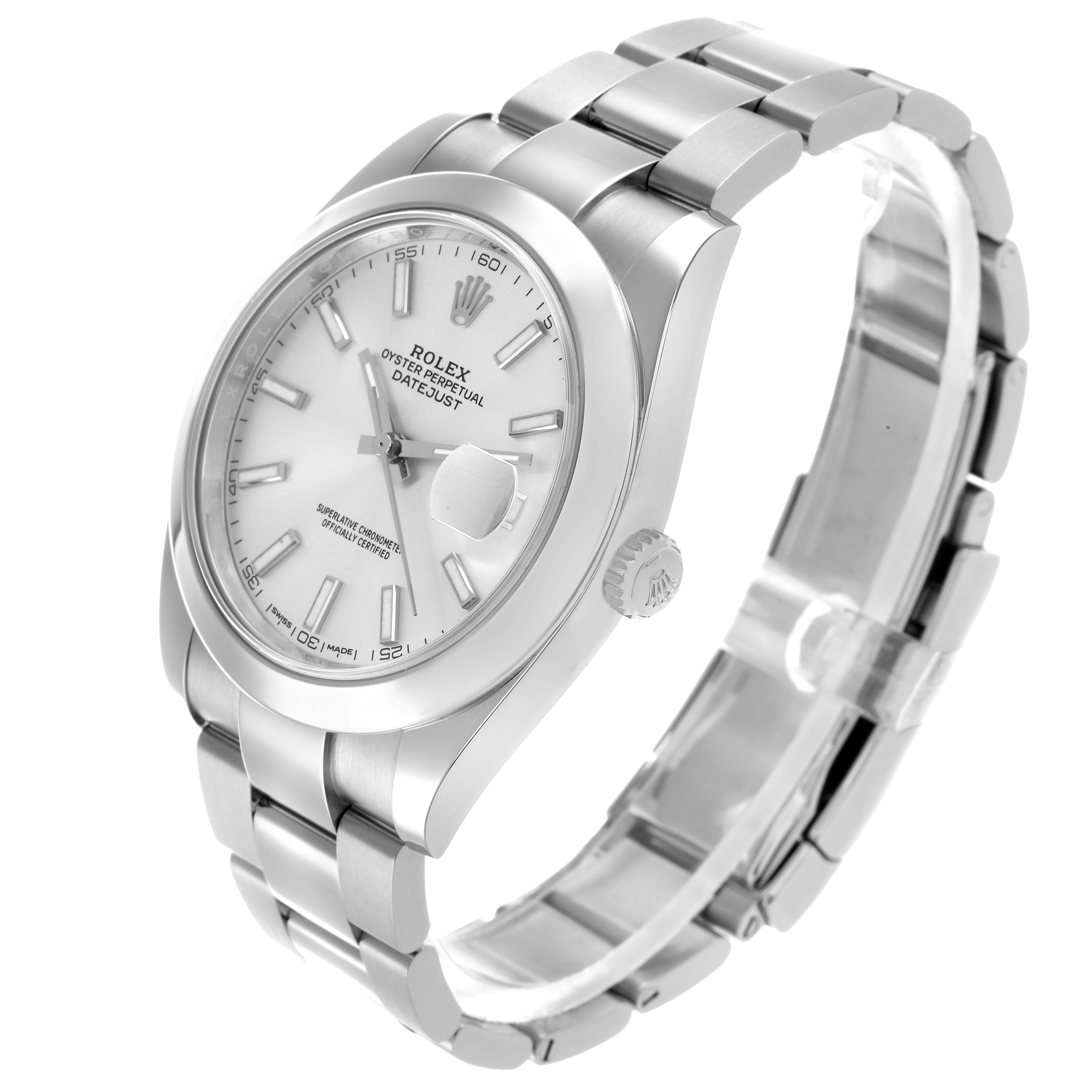 The Rolex Datejust 41 126300 Men
s Stainless Steel Silver Dial is shown at an angle displaying the face, bracelet, crown, and partially the case side.